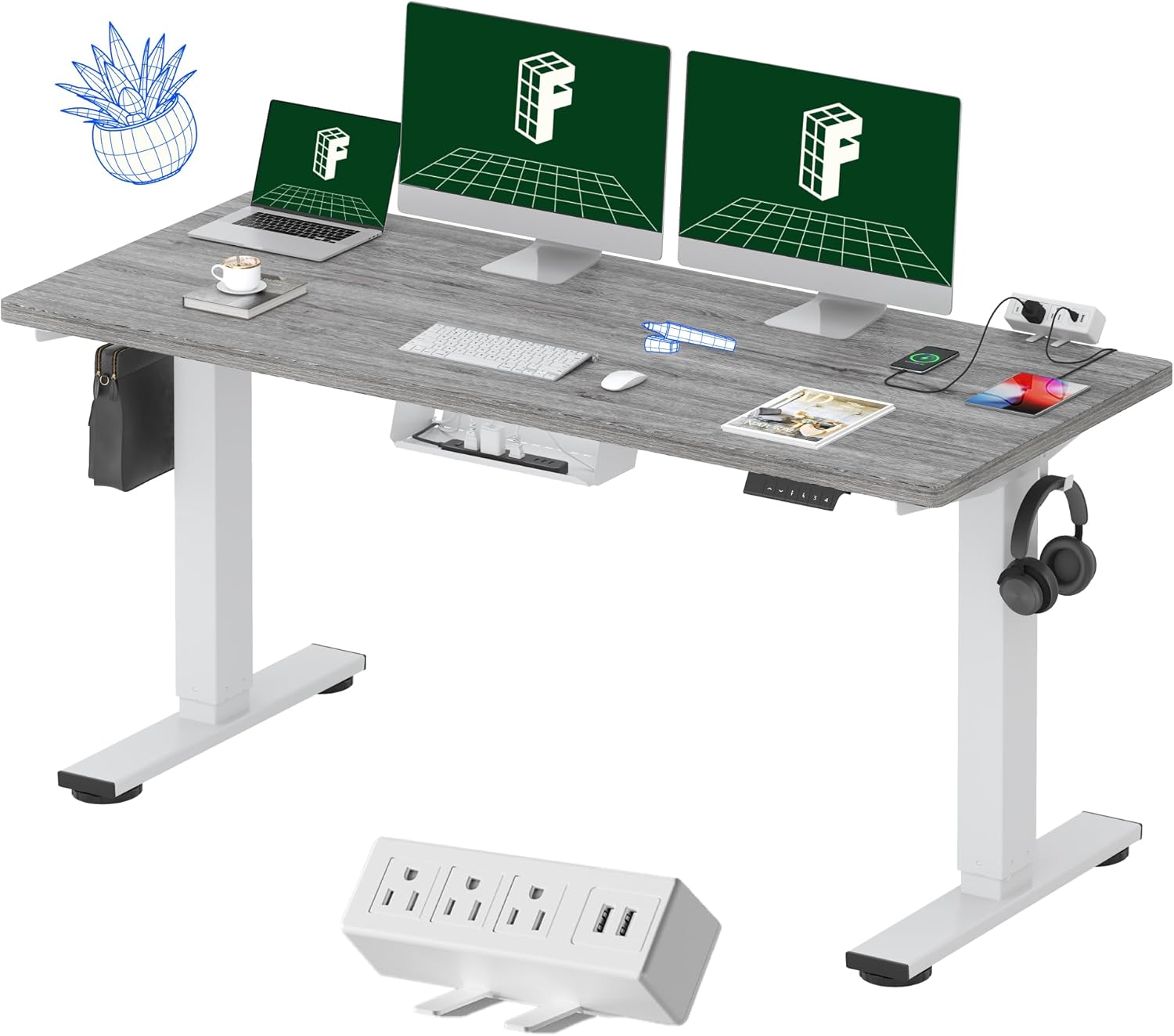FLEXISPOT EN2 Whole-Piece Standing Desk with Clamp Power Strip, 60 x 24 Electric Stand Up Height Adjustable Desk with Cable Management (White Frame + 60" Gray Wood Grain Desktop, 2 Packages)