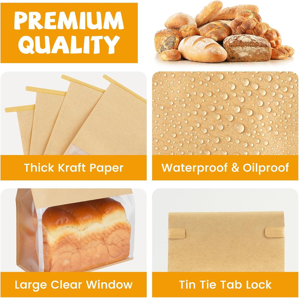100 Pack Bread Bags for Homemade Sourdough Bread, 8.7x4.3x11 Inches Tin Tie Tab Lock Large Bakery Bag with Window Kraft Paper Loaf Packaging Bags for Gifting & Bake Sale
