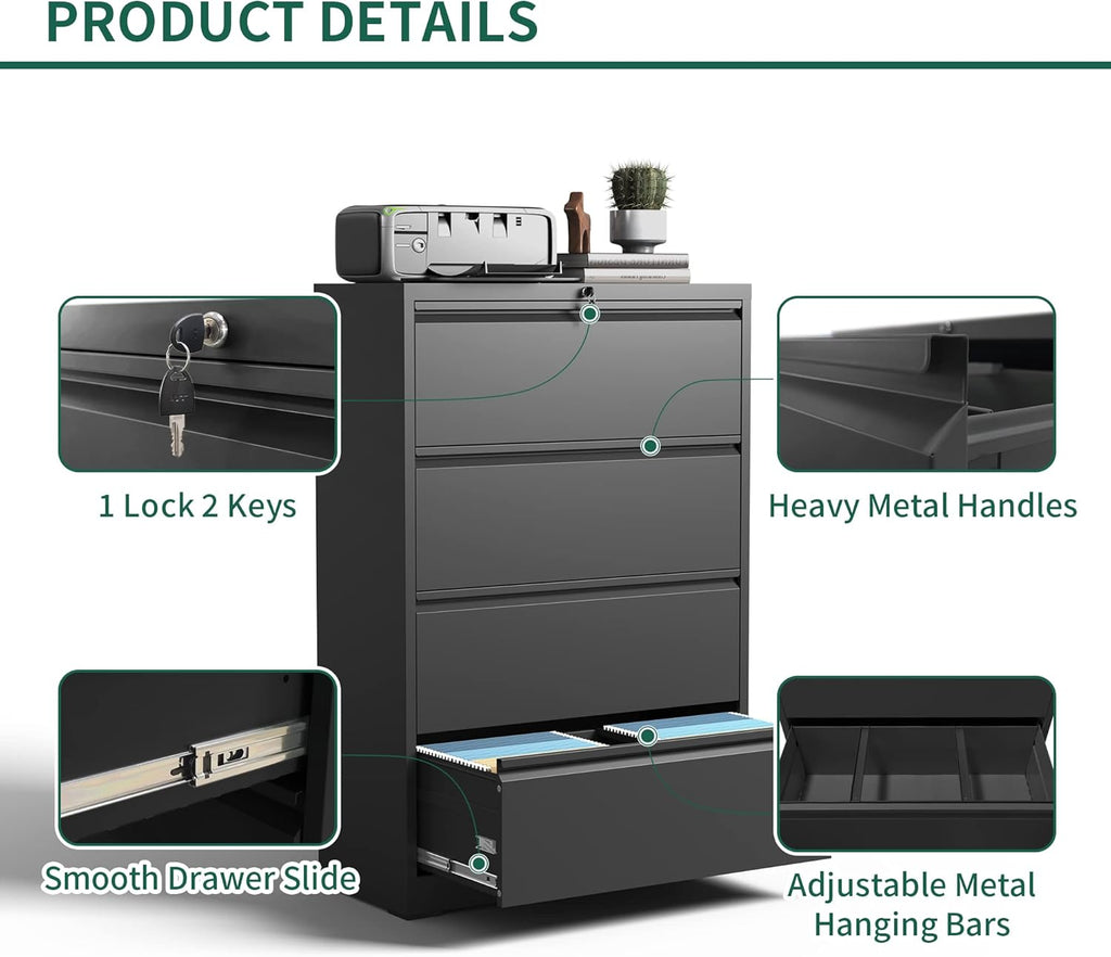 Lateral File Cabinet 4 Drawer, Metal File Cabinets for Home Office Legal/Letter A4 Size, Filing Cabinet with 4 Lock, Require Assembly, Black