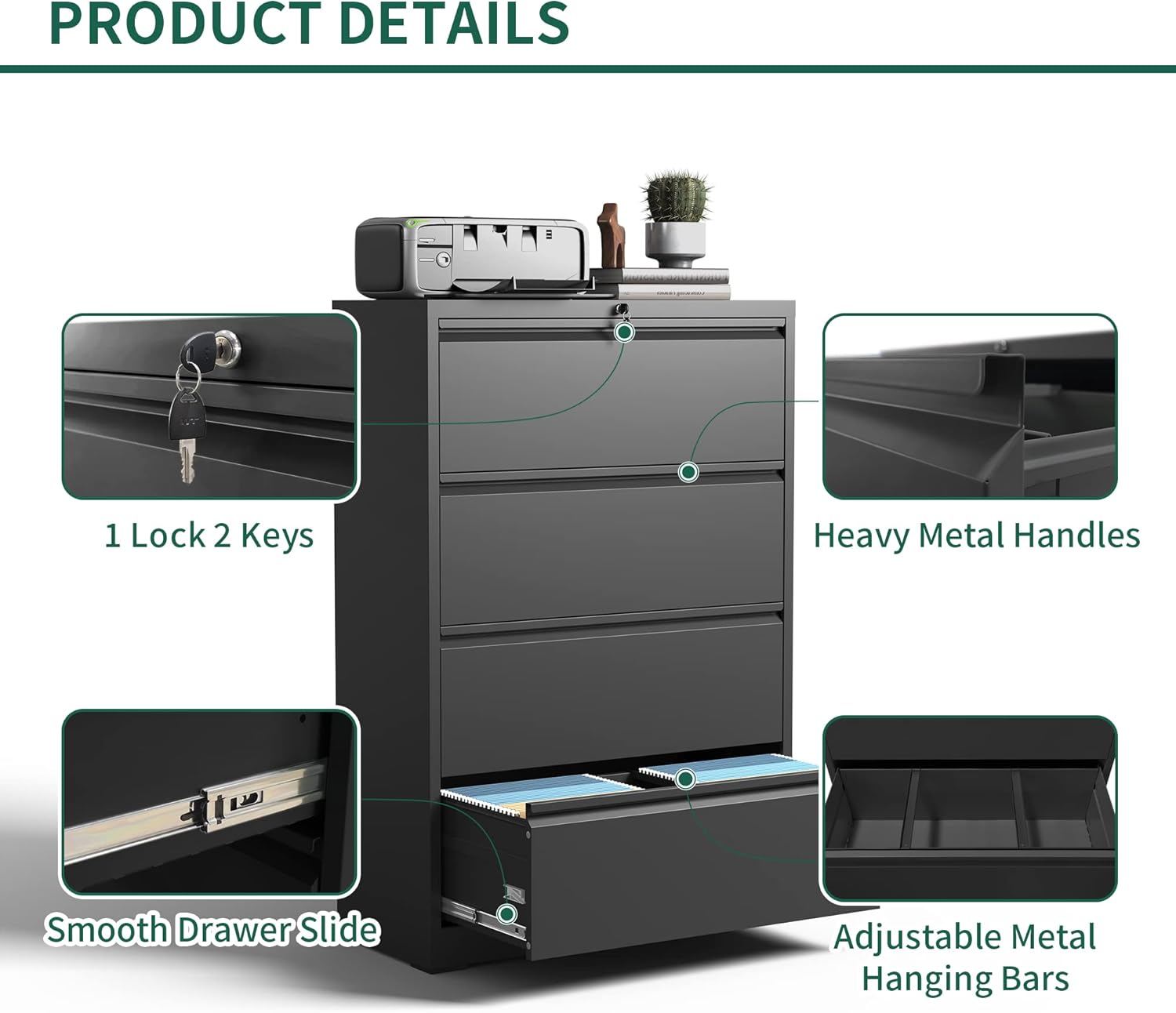 Lateral File Cabinet 4 Drawer, Metal File Cabinets for Home Office Legal/Letter A4 Size, Filing Cabinet with 4 Lock, Require Assembly, Black