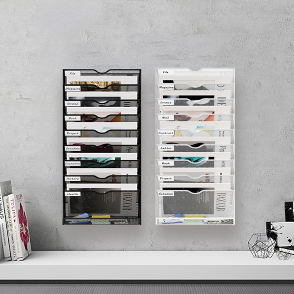 10 Tier Hanging Wall File Holder, Metal A4 Wall Mounted Document Holder, Vertical Hanging Mail Organizer, Magazine Storage Rack with Tray for Office Home Classroom, White