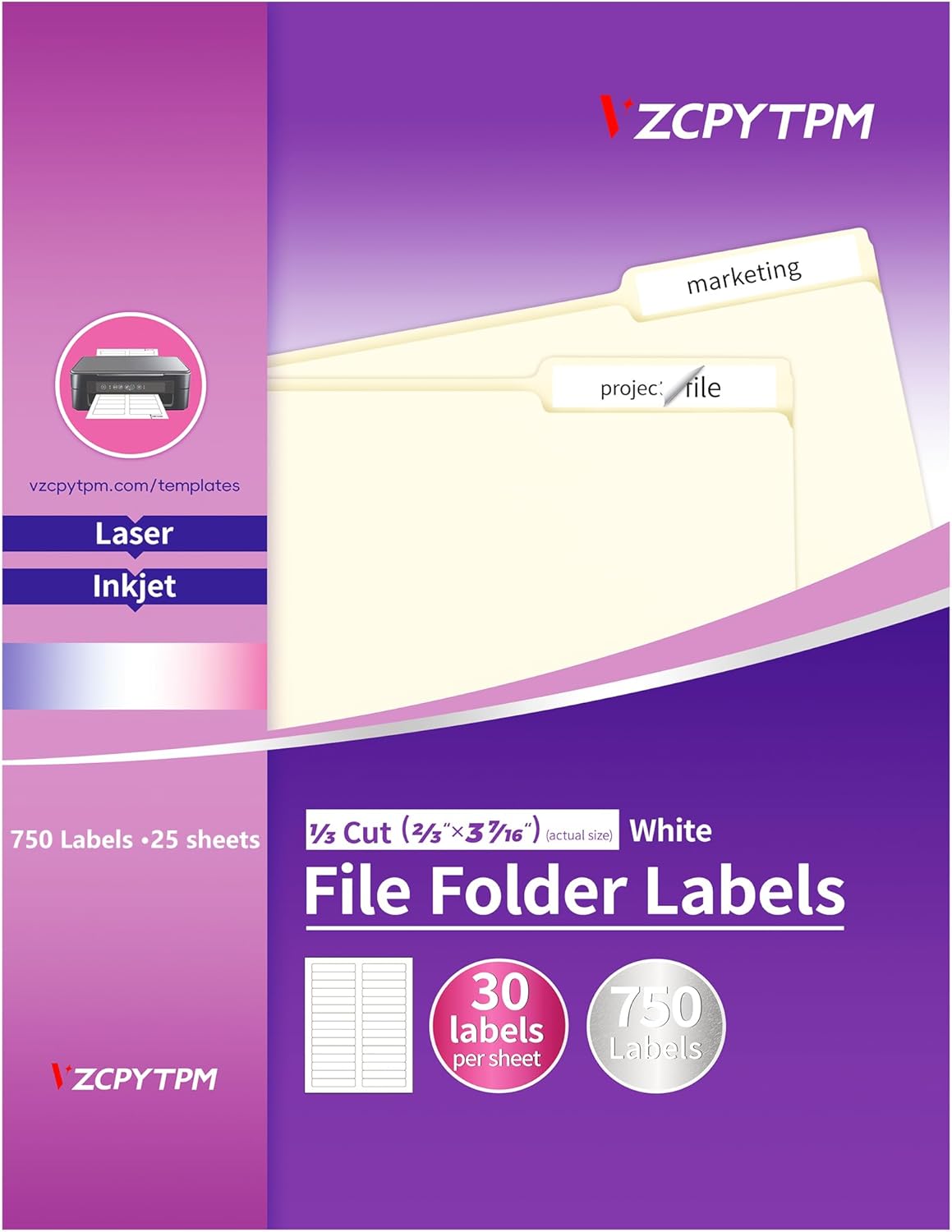 File Folder Labels,750 Labels 1/3 Cut,Self Adhesive Labels,Printable Permanent Label Stickers for Manila File Folders,2/3" x 3-7/16",Laser/Inkjet,25 Sheets,White