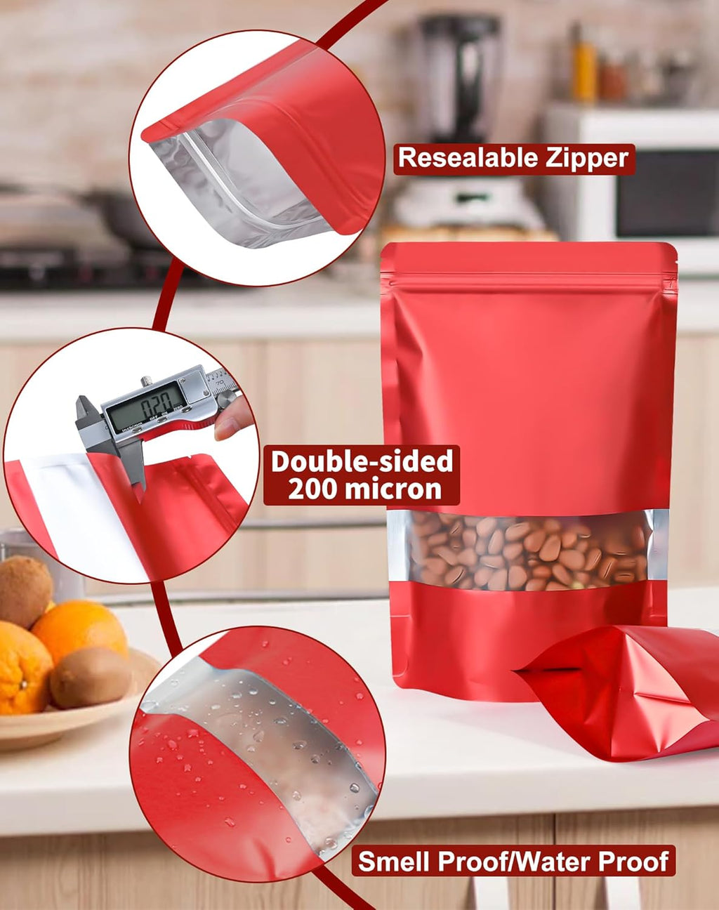 FireKylin 100 Pack Smell Proof Bags 5.9" x 8.6", Resealable Bags with Matte Window, Foil Pouch Stand Up Sealable Bags for Packaging（Red）