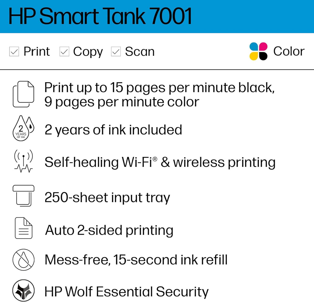 HP Smart Tank 7001 Wireless All-in-One Ink Tank Printer with up to 2 years of ink included (28B49A)