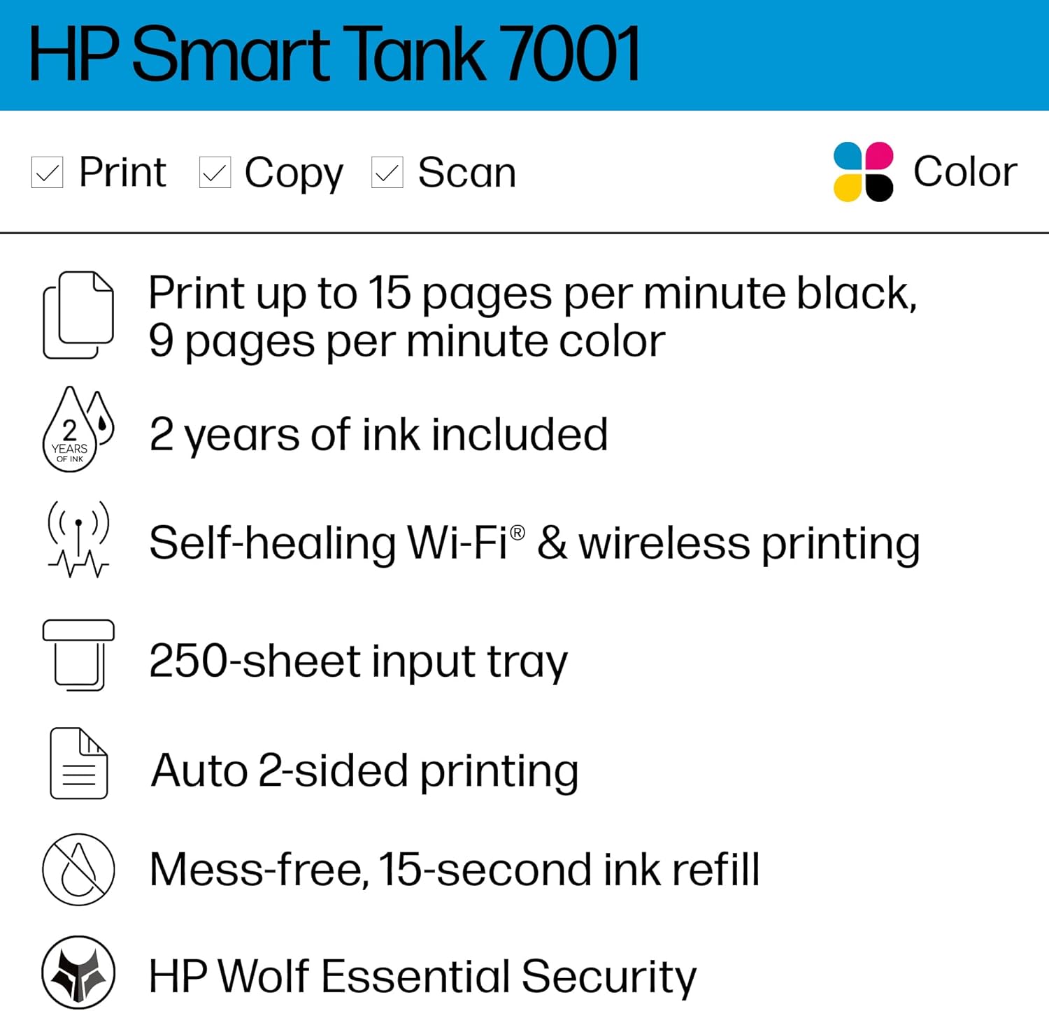 HP Smart Tank 7001 Wireless All-in-One Ink Tank Printer with up to 2 years of ink included (28B49A)
