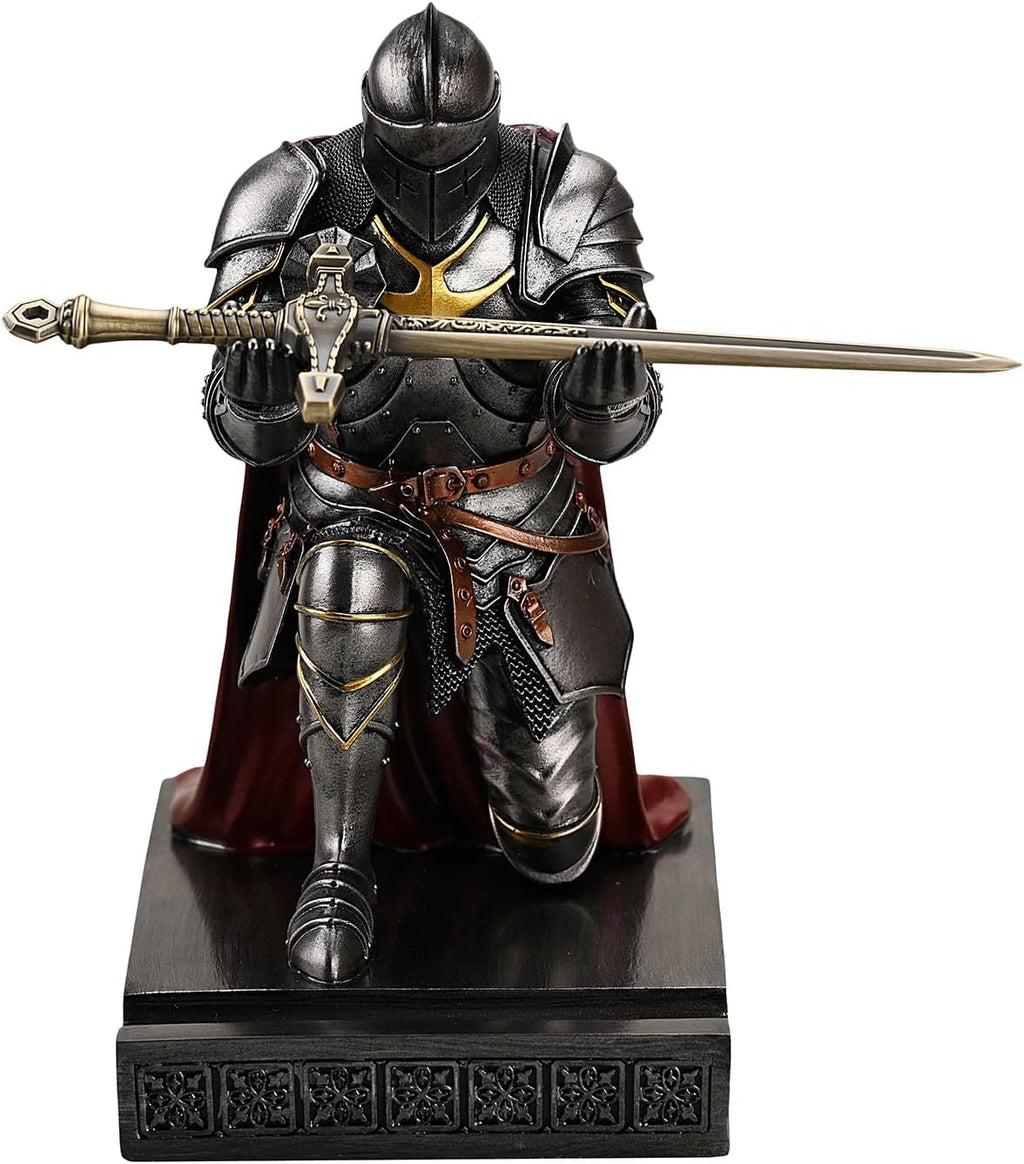 Medieval Armored Warrior Wearing Outerwear, Mobile Phone Stand Knight Pen Holder Desk Organizers, Resin Bookends Paperweight with a Letter Opener for Desk (Iron)