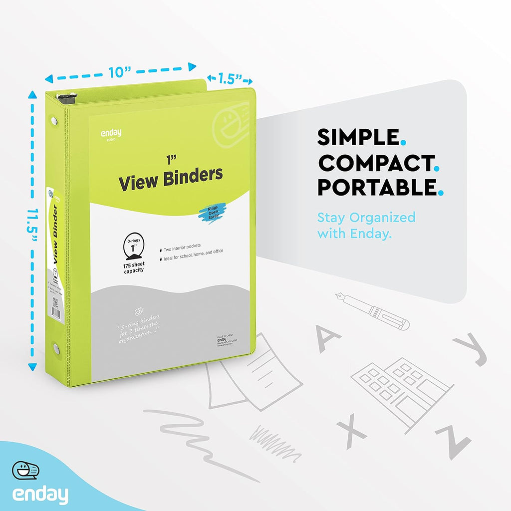 3 Ring Binder Green, 1 Inch, 1” Clear View Cover with 2 Inside Pockets Round Ring Binder, Colored School Supplies Binders, Also Available in Pink, Blue, Purple, Grey, and Red (24 PC) – by Enday