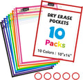 Gamenote 10 Pack Dry Erase Pockets with 5 Rings, 10 Assorted Colors 10x14 Oversized Reusable Plastic Sleeves, Clear Sheet Protectors, Teacher Supplies for Classroom Organization