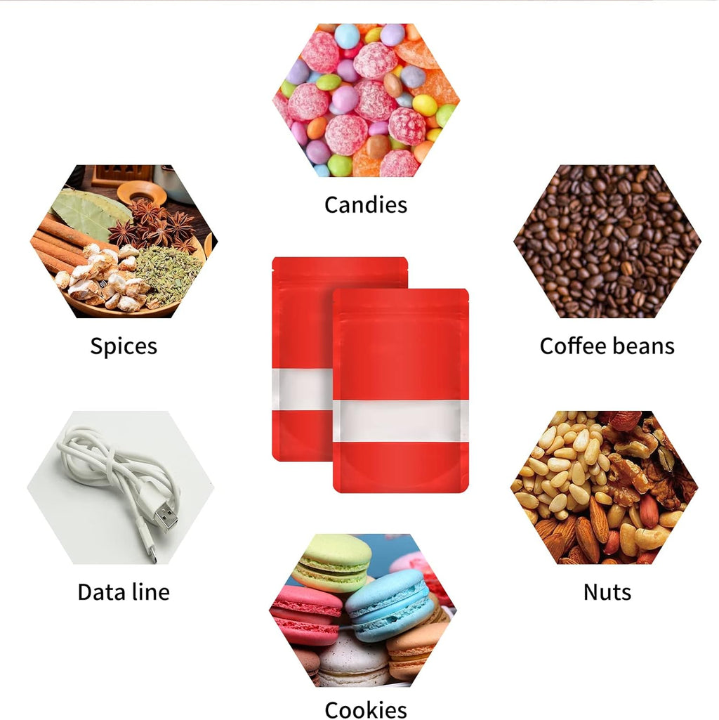 100 Pieces Smell Proof Mylar Bags, Resealable Food Storage Bags with Clear Window, Foil Pouch Stand-up Bags for Food Self Sealing Storage Supplies (Red, 5.3 x 7.8 Inch)