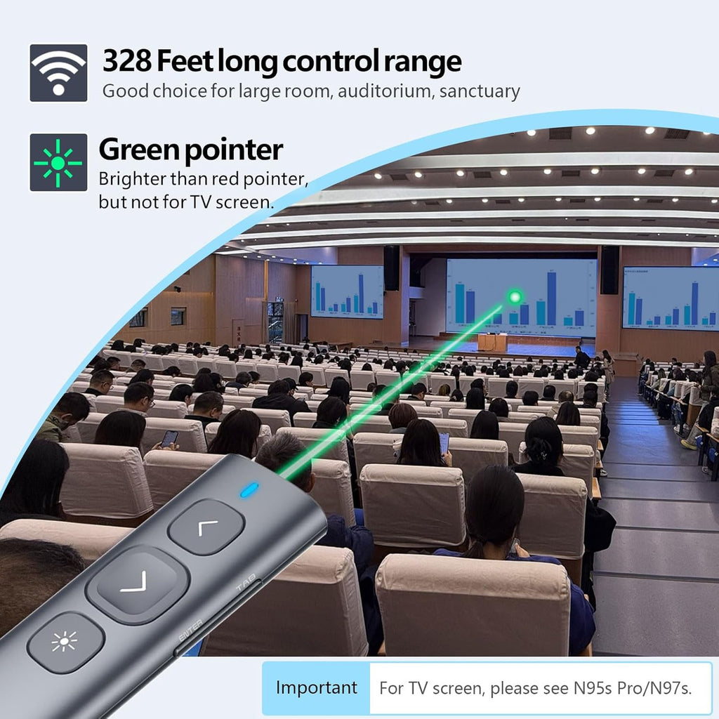 Norwii N95 Presentation Clicker, PowerPoint Clicker for Presentation Remote, Rechargeable Wireless Presenter Pointer, Slide Advancer for PC/Laptop/e-Book (BLE&USB-A&C, Green Light)