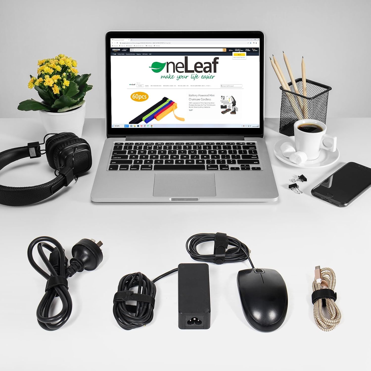 OneLeaf 110PCS Reusable Cable Ties, Adjustable 8-inch Cord Organizer Ties, Multi-purpose Hook Loop Cable Management Wire Ties for Organizing Home, Office, Data Centers, Black