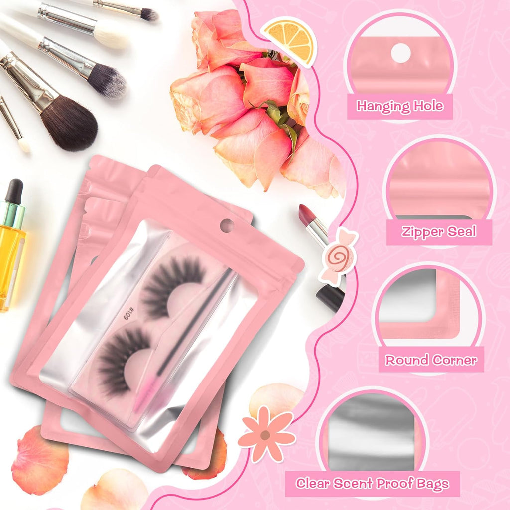 FUNFERY 100 Pack Mylar Resealable Bags Foil Packaging Bags with Clear Window,Zipper Pouch Smell Proof Bag for Food Storage,Cookies,Sample,Small Business(Pink,3x4.7inch)