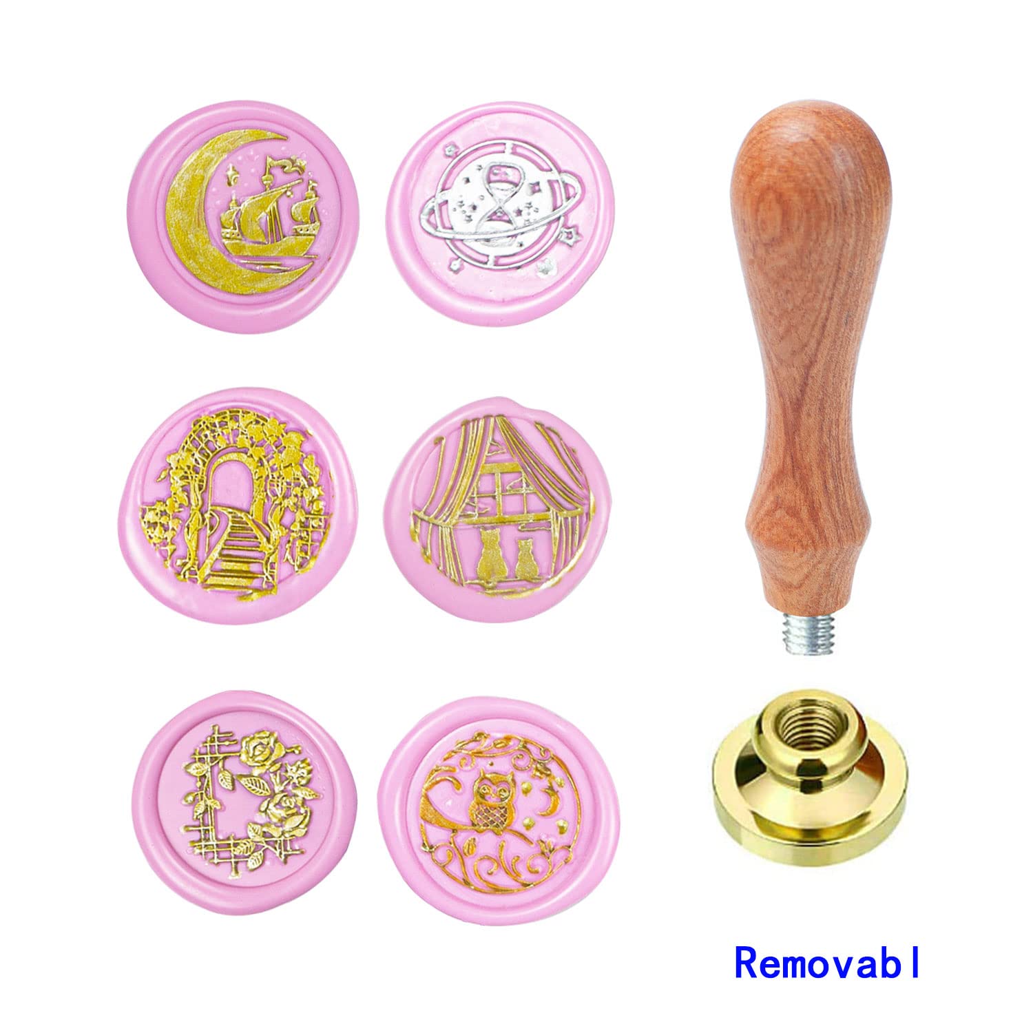Wax Seal Stamp kit, ANBOSE Animal Wax Seal Stamp Set with 6 PCS Removable Brass Heads and 1 Wooden Handle, Retro Cat Owl Boat Rose Sealing Wax Stamp for Cards Invitations
