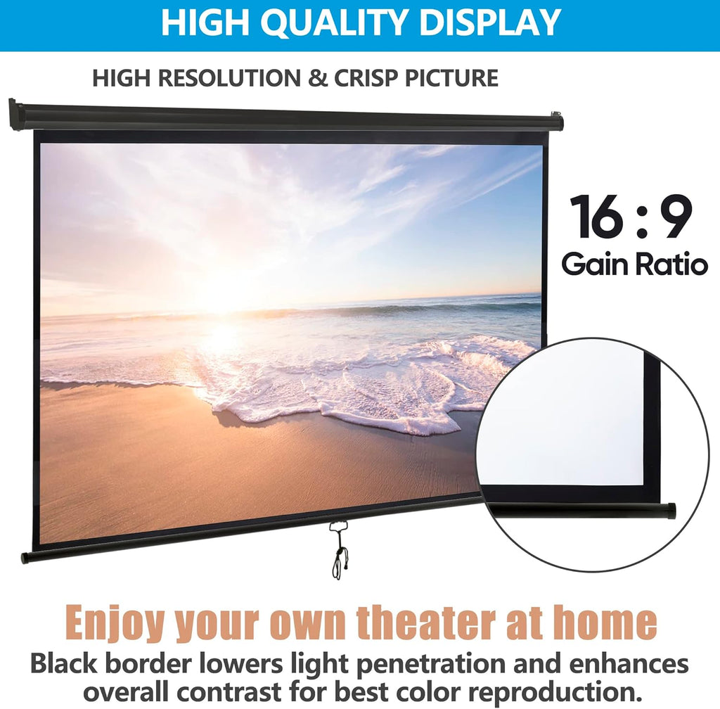 ZENY Outdoor Projector Screen Pull Down 100 Inch 16:9 HD Projection Screen Folding Home Theater Portable Indoor Outdoor Movie Screen