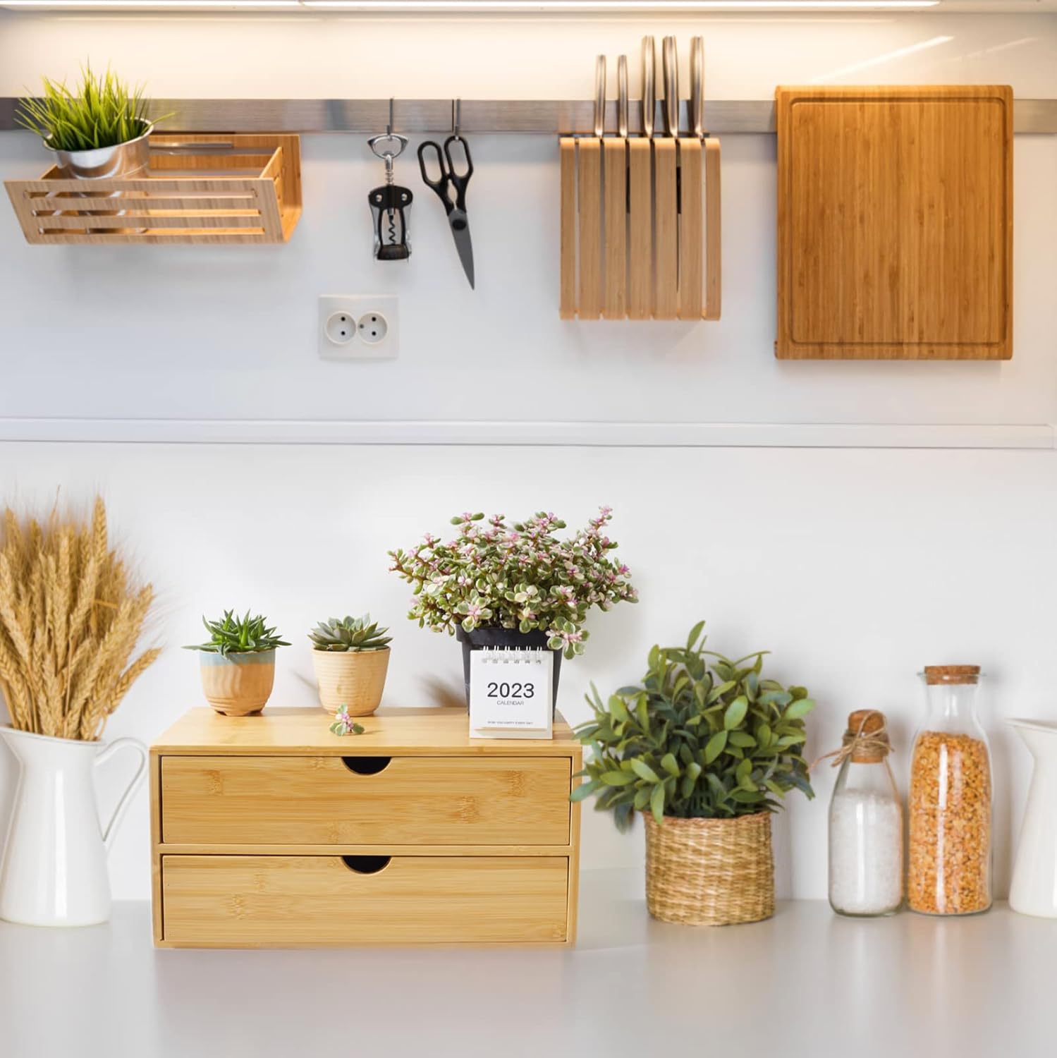 Bamboo Desk Organizer With Drawers Countertop Drawers 2 Drawers Counter Storage Box Corner Desk Organizer for Home Office No Assembly Required