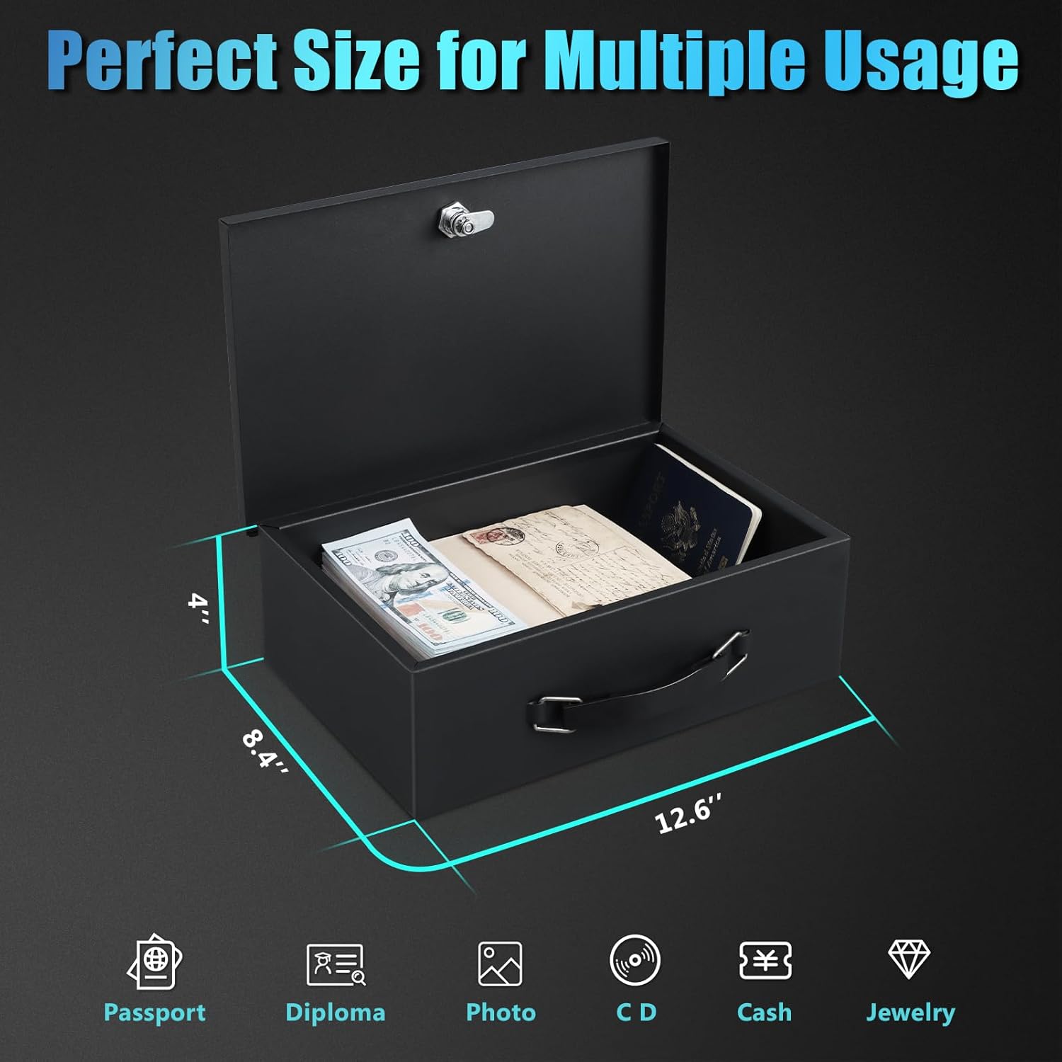 xydled Fire Resistant Safe Fire Safe Box with Key Lock for Home Office Security Storage for Valuables Documents,12.6 x 8.4 x 4 Inch,Black