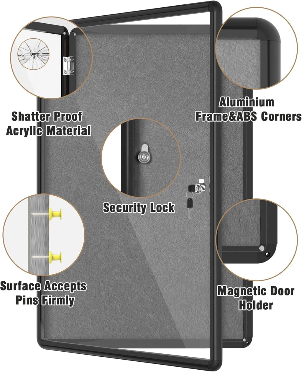 36"x24" Enclosed Bulletin Board, Lockable Weather-Resistant Aluminum Cork Noticeboard for School & Office, Black Frame w/Grey Flet