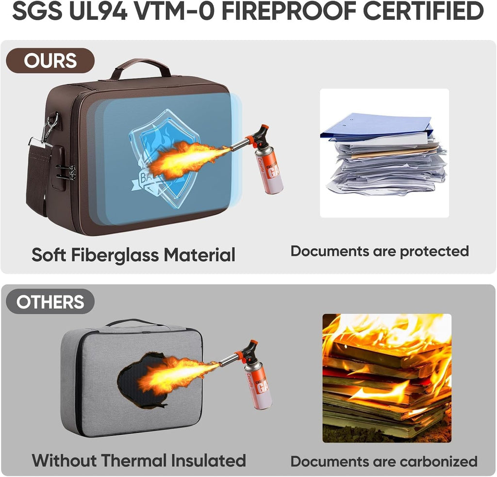 BALEINE Fireproof Document Box with Lock, Portable Fireproof Document Bag Waterproof Fire Proof File Boxes for Documents, File Organizer Box for Important Paperwork (Brown, 15''x11''x4'')