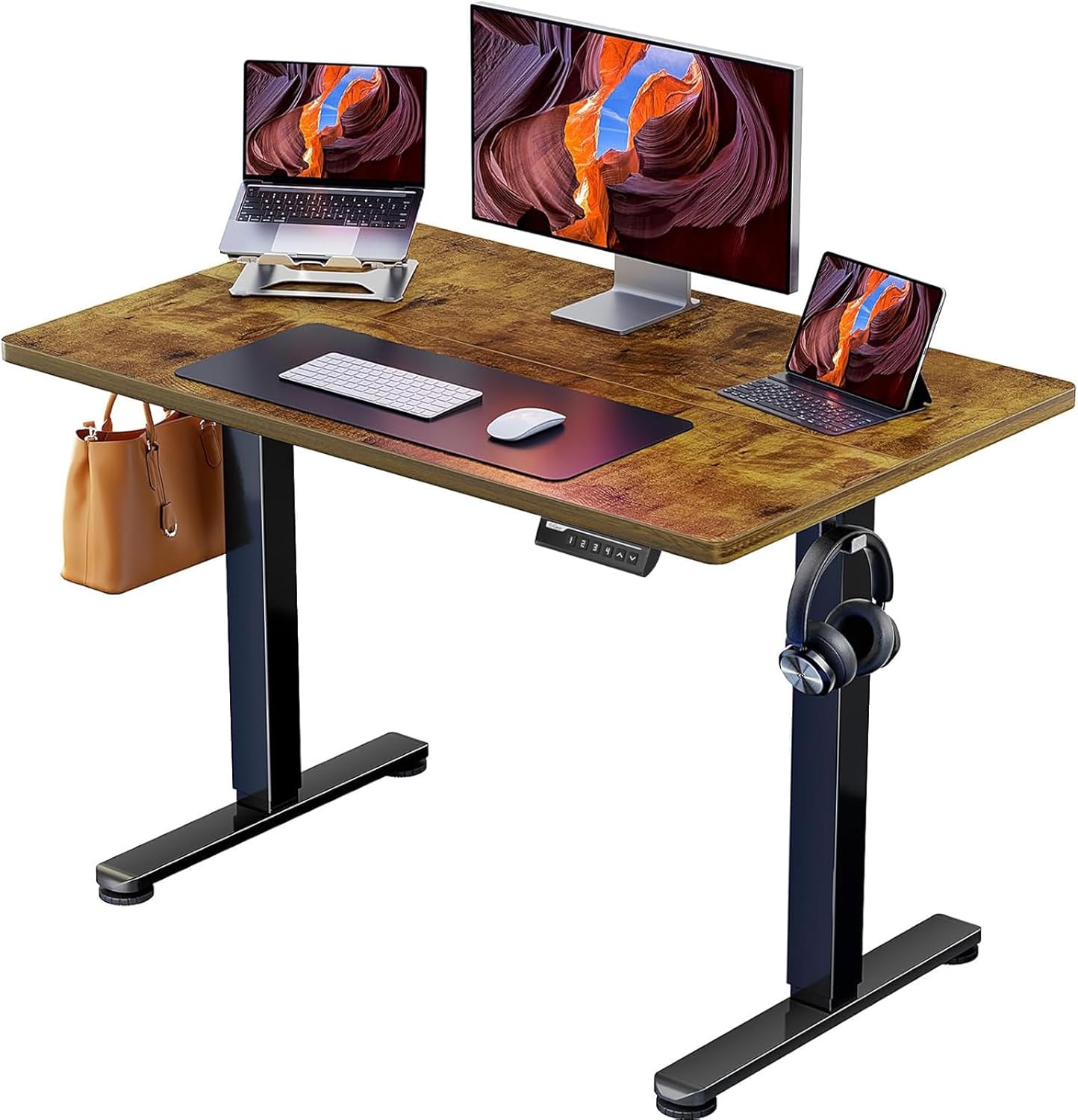 ErGear Height Adjustable Electric Standing Desk, 40 x 24 Inches Sit Stand up Desk, Small Memory Computer Home Office Desk with Two-Piece Desktop (Vintage Brown)