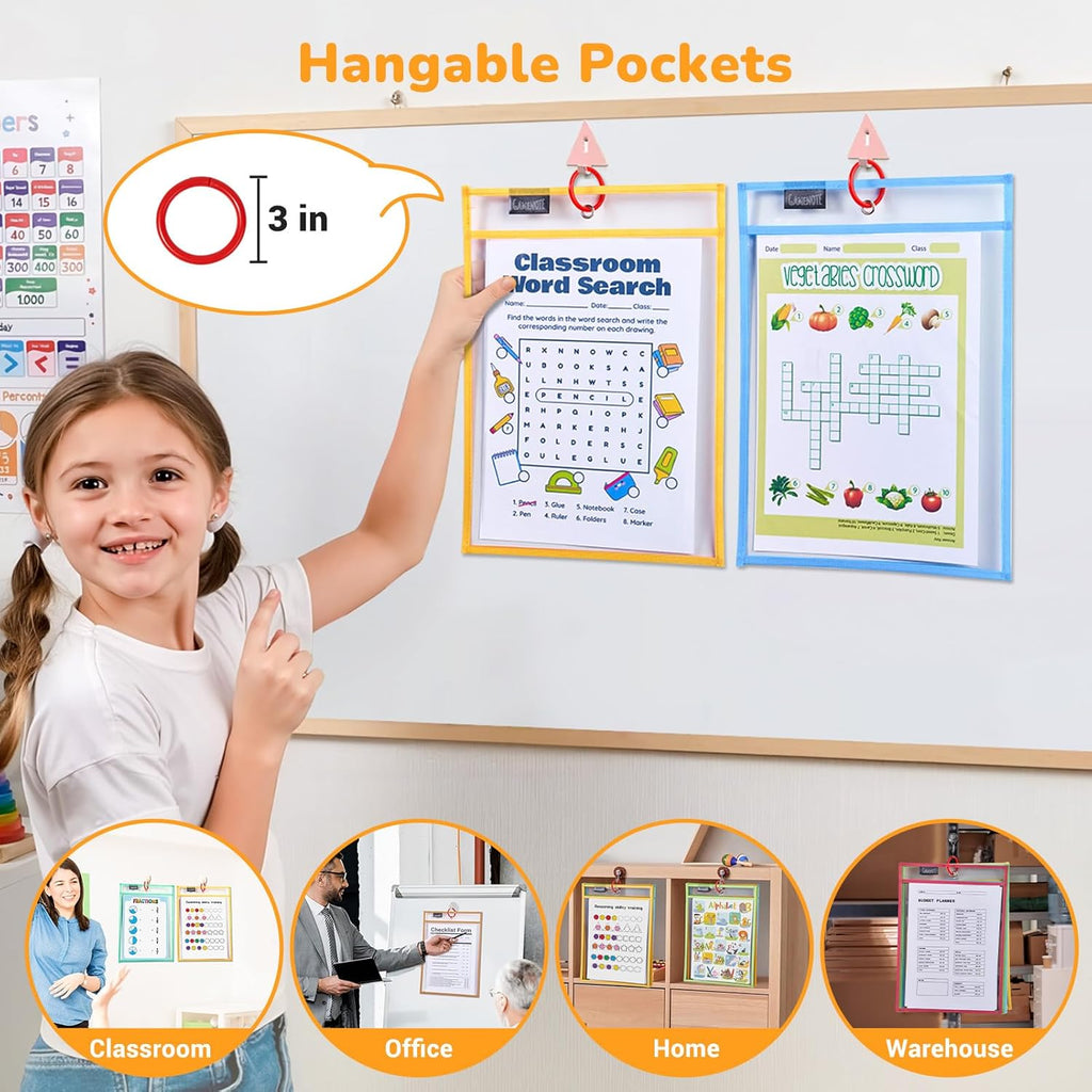 Gamenote 30 Pack Pastel Dry Erase Pockets with 5 Rings, 10 Assorted Colors Macaron 10x14 Oversized Reusable Plastic Sleeves, Clear Sheet Protectors, Teacher Supplies for Classroom Organization