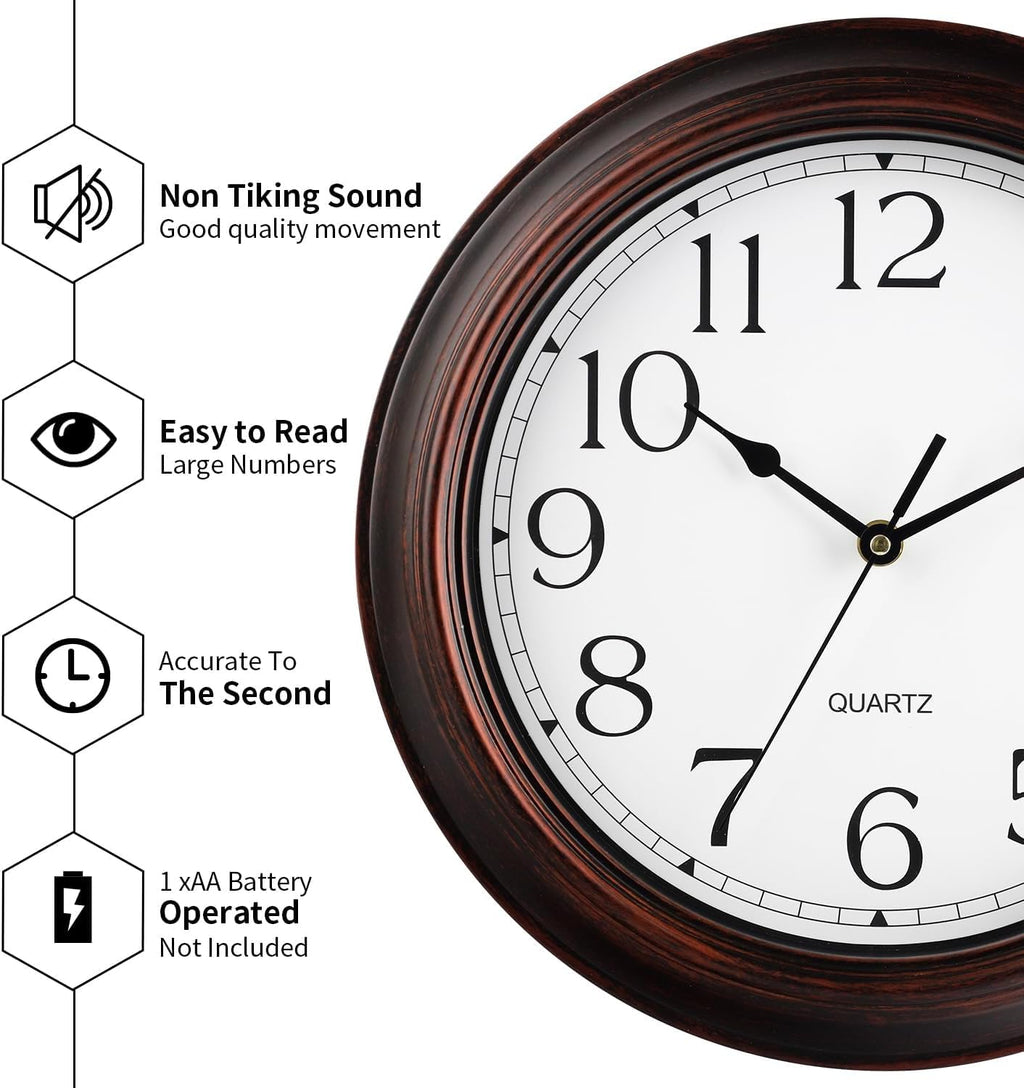 12 Inch Wall Clocks Battery Operated Silent Non-Ticking Wall Clock Vintage Retro Rustic Style Decorative for Living Room Kitchen (Bronze)