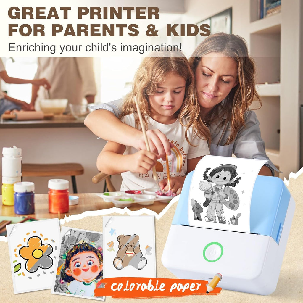 Print Pods Mini Printer, Thermal Inkless Sticker Maker with 10 Rolls Printing Paper, Pocket Printpod for phone, Impresora Portátil for Notes, Flashcards, Journal, DIY, Compatible with iOS & Android