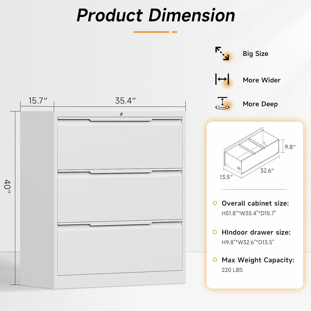 Bestoo Lateral File Cabinet with Lock, 3 Drawer Lateral Filing Cabinet for Office Home, Locking Metal Steel Wide for Hanging Files Letter/Legal/F4/A4 Size, Easy Assemble White
