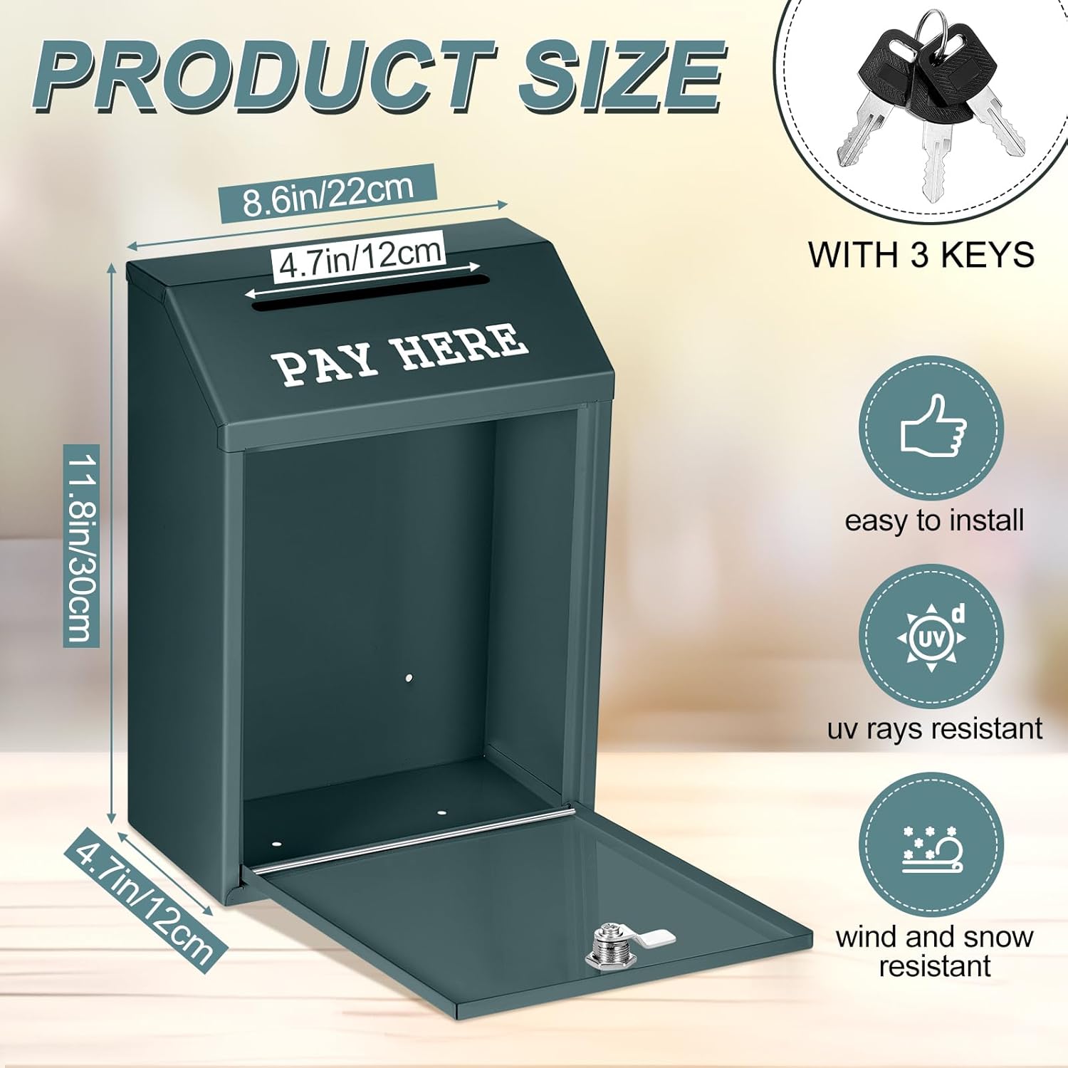 Safe Cash Box Money Collection Metal Donation Box with Lock Wall Mount Pre Drilled Mailbox Delivery Ballot for Home Office Outdoor Self Serve Stand (Dark Green,11.8 x 8.6 x 4.7 Inch)
