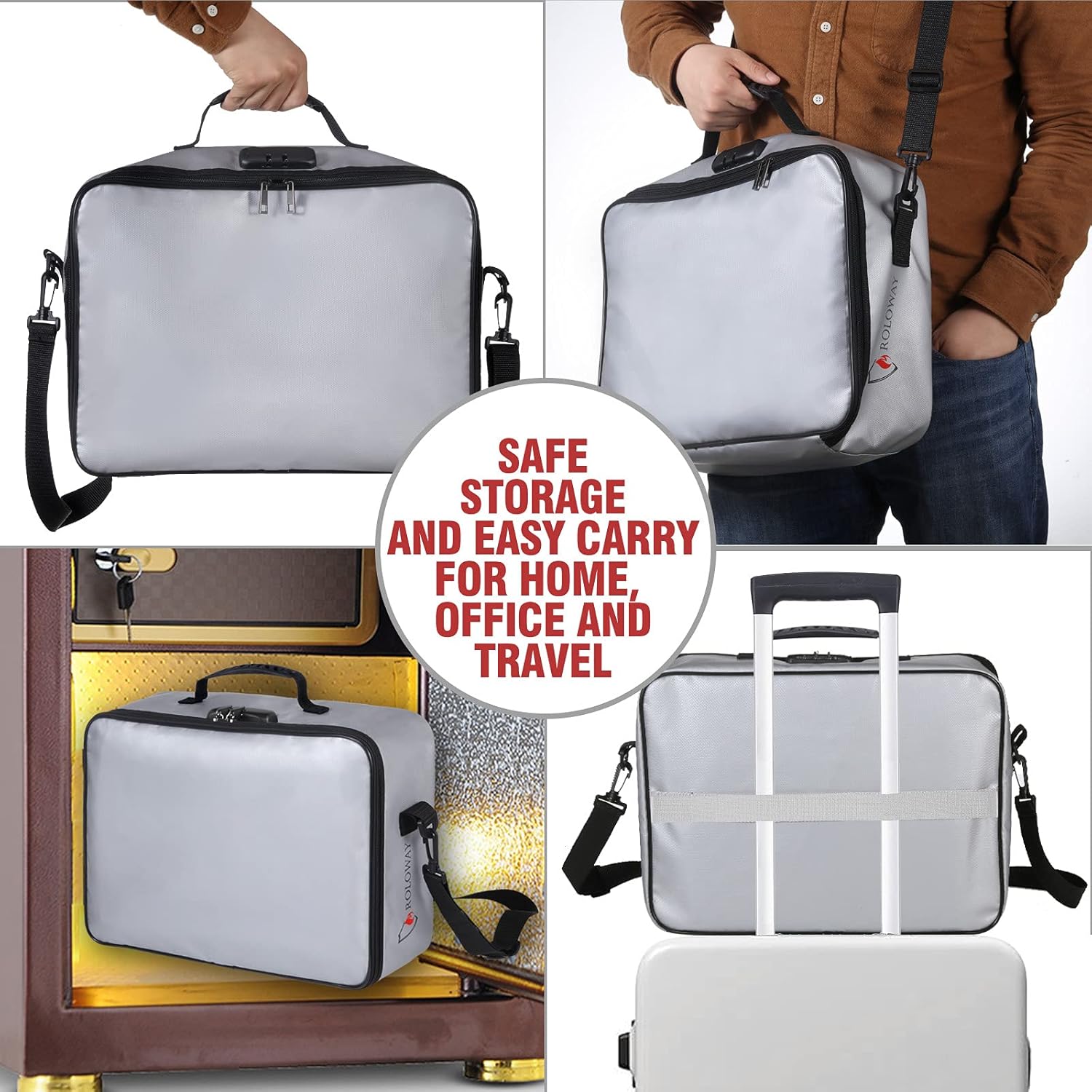ROLOWAY Fireproof Document Bag with Lock (17 x 11.8 x 5 inch), Important Document Storage Bag with Multi-Layer File Organizers (Gray)