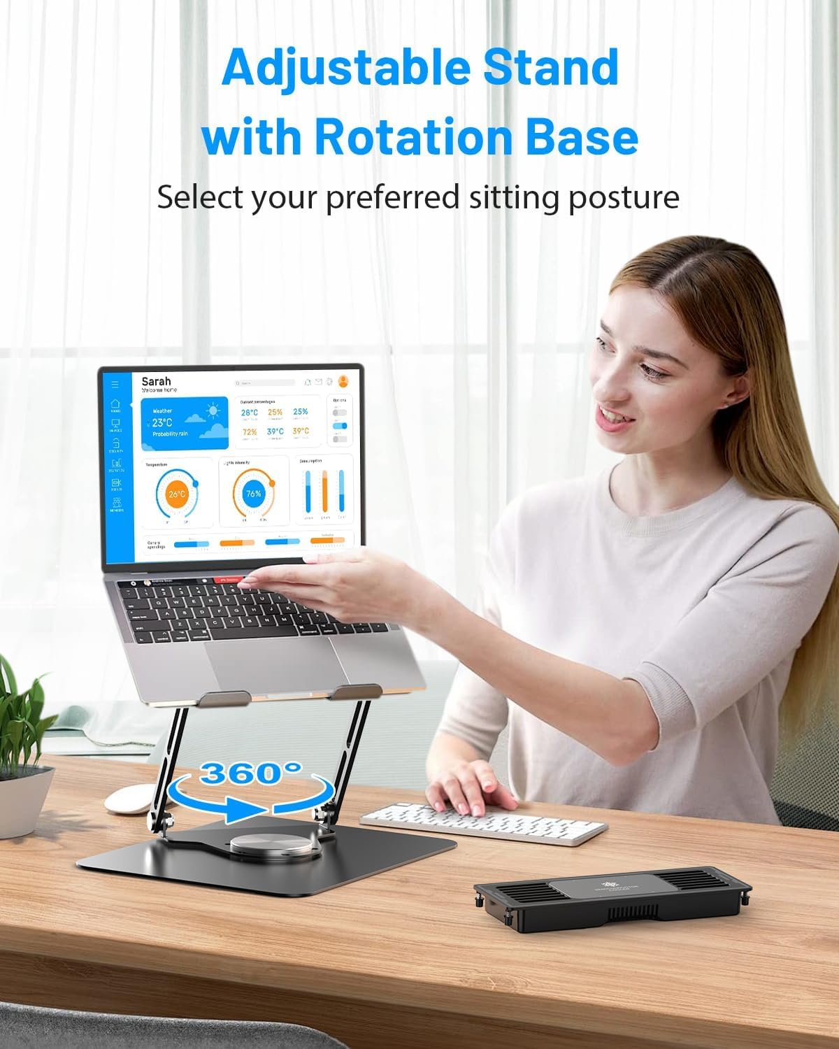 Laptop Cooling Stand with Detachable Thermoelectric Cooler, Adjustable Height & Angle, 360 Rotation Base, Carbon Steel Framework, Ultra-Quiet & Super Sturdy for up to 15.6” Laptop (Black)