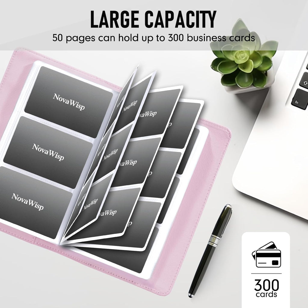 300 Business Cards Holder, 50 Pages Gift Cards Holder, Professional PU Leather Credit Cards Organizer Wallet, Portable Name Card Book Binder Folder, Men Women & Office Supplies, Pink