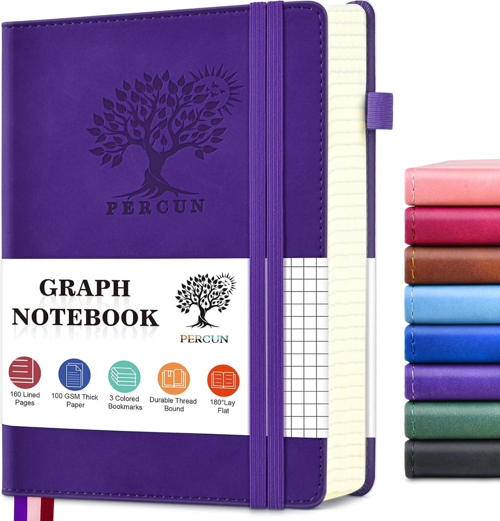 PERCUN Graph Paper Notebook, 160 Pages Grid Journal for women & men, A5 Hardcover Leather Graphing Notebook for School, Work, Travel, Note Taking 5.9”x8.5” (Purple)