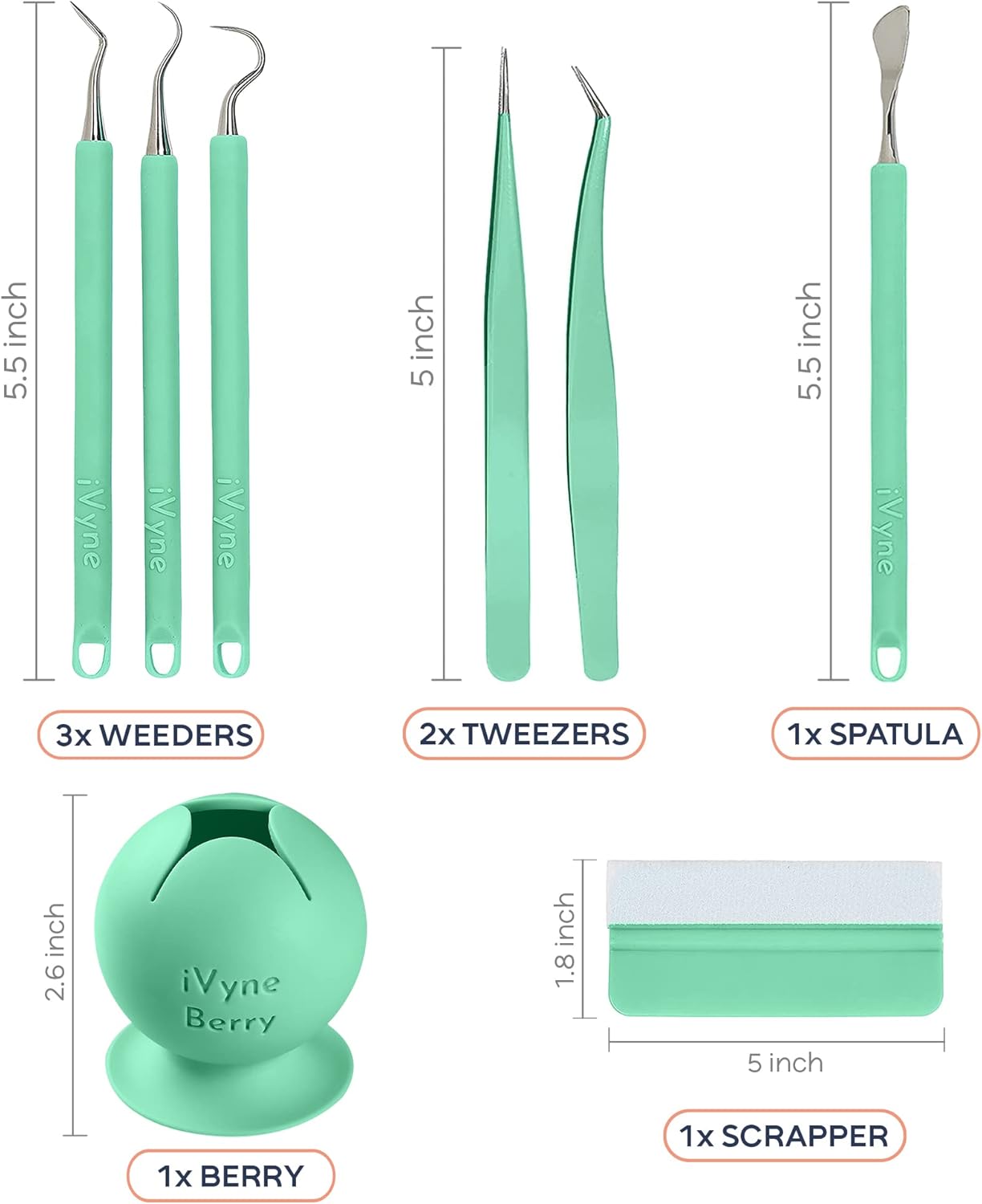 iVyne (8pcs) Premium Vinyl Weeding Tool Kit & Weeding Scrap Collector Soft Grip Tools with Berry, Weeder, Tweezers, Picker Or Hook, and Scraper Set for Silhouette Cameos & Cricut - Green
