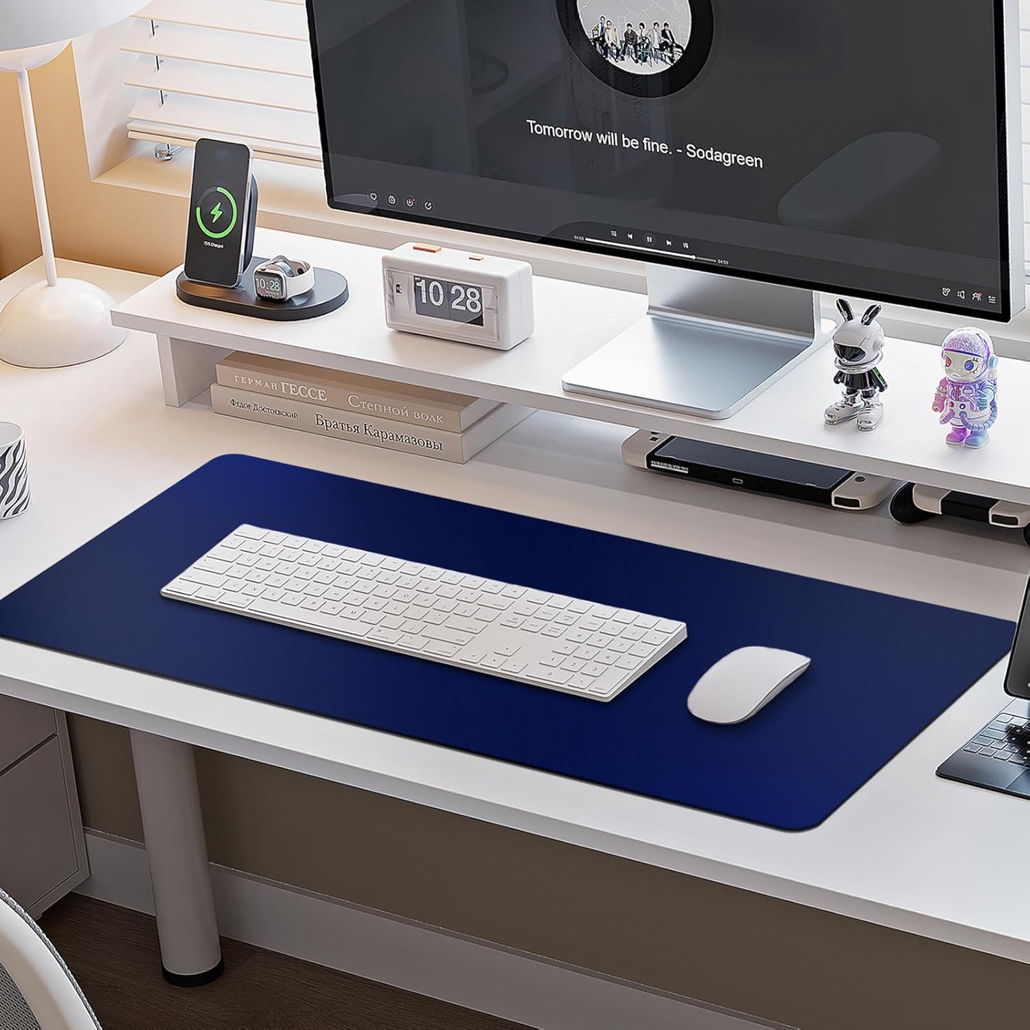 Boutilon Leather Desk Pad Protector,Non-Slip Mouse Pad,Laptop Desk Pad,Office Mouse Mat,Waterproof Leather Desk Blotter,Desk Writing Pad for Office and Home (L-Navy,35"x 17")