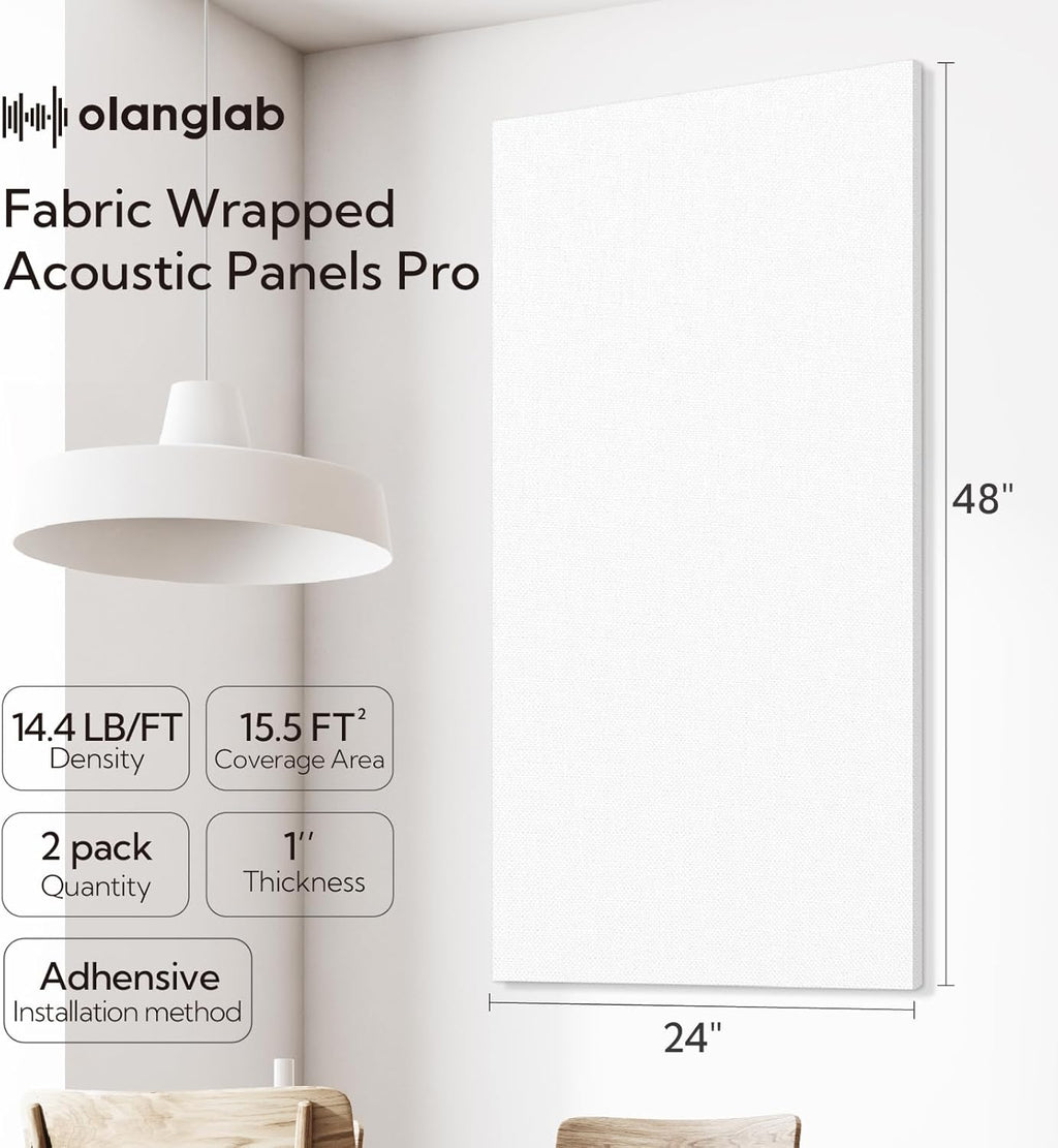 Olanglab Acoustic Panels 2 Pack, 48''x24'' Large Sound Panels, Fabric Wrapped Sound Proof Foam Panels for Walls, Sound Absorbing Panels for Recording Studio Acoustical Treatments (White)