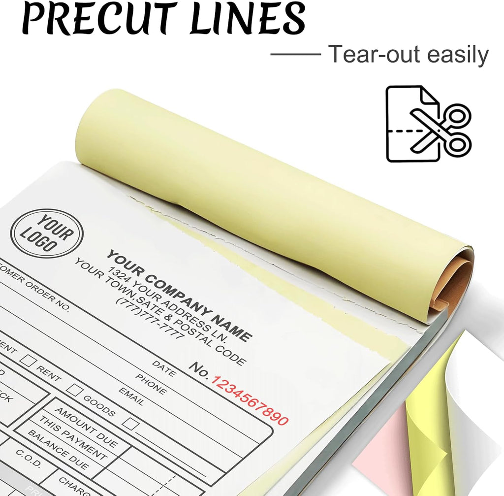 Custom Invoices Receipt Book for Small Business Personalized 2-Part Duplicate Carbonless Logo Receipt Books Sales Payment Forms with Company Name Address Phone Number 100 Sets 8.5" x 11"