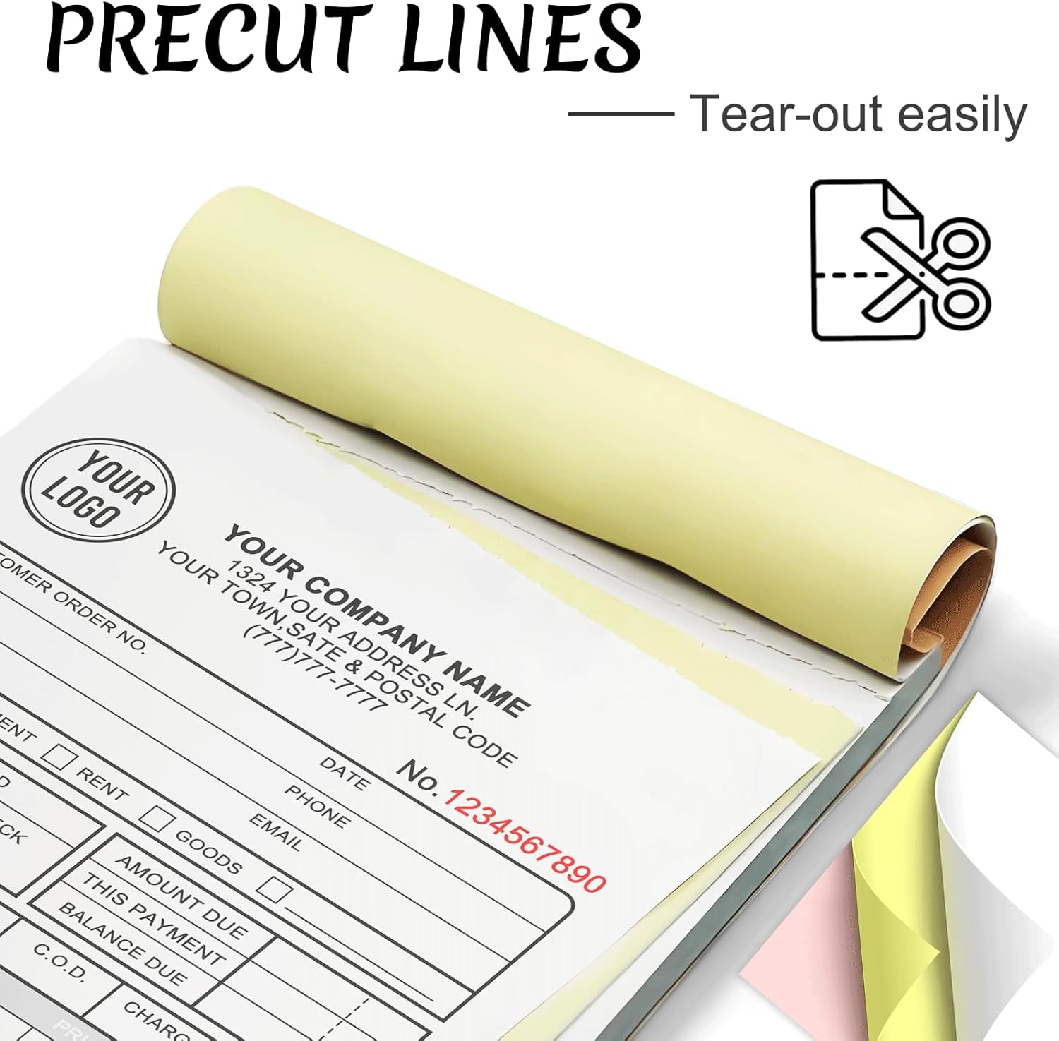 Custom Invoices Receipt Book for Small Business Personalized 3-Part Duplicate Carbonless Logo Receipt Books Sales Payment Forms with Company Name Address Phone Number 100 Sets 8.5" x 11"