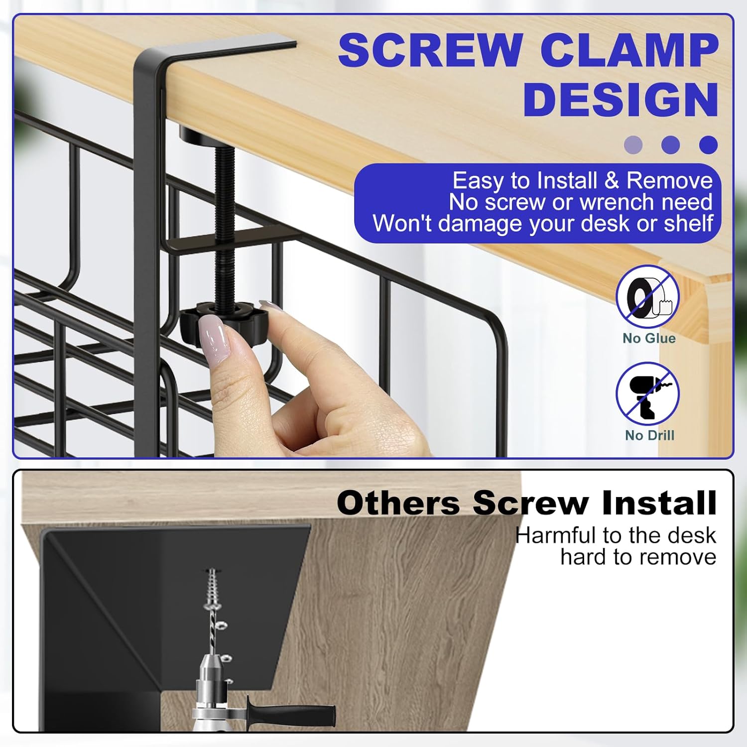 Under Desk Cable Management Tray, 31.5'' No Drill Steel Cable Tray Organizers, Wire Management Tray Cable Rack with Clamp Mount, Metal Under Desk Tray with Wire and Cord Organizer
