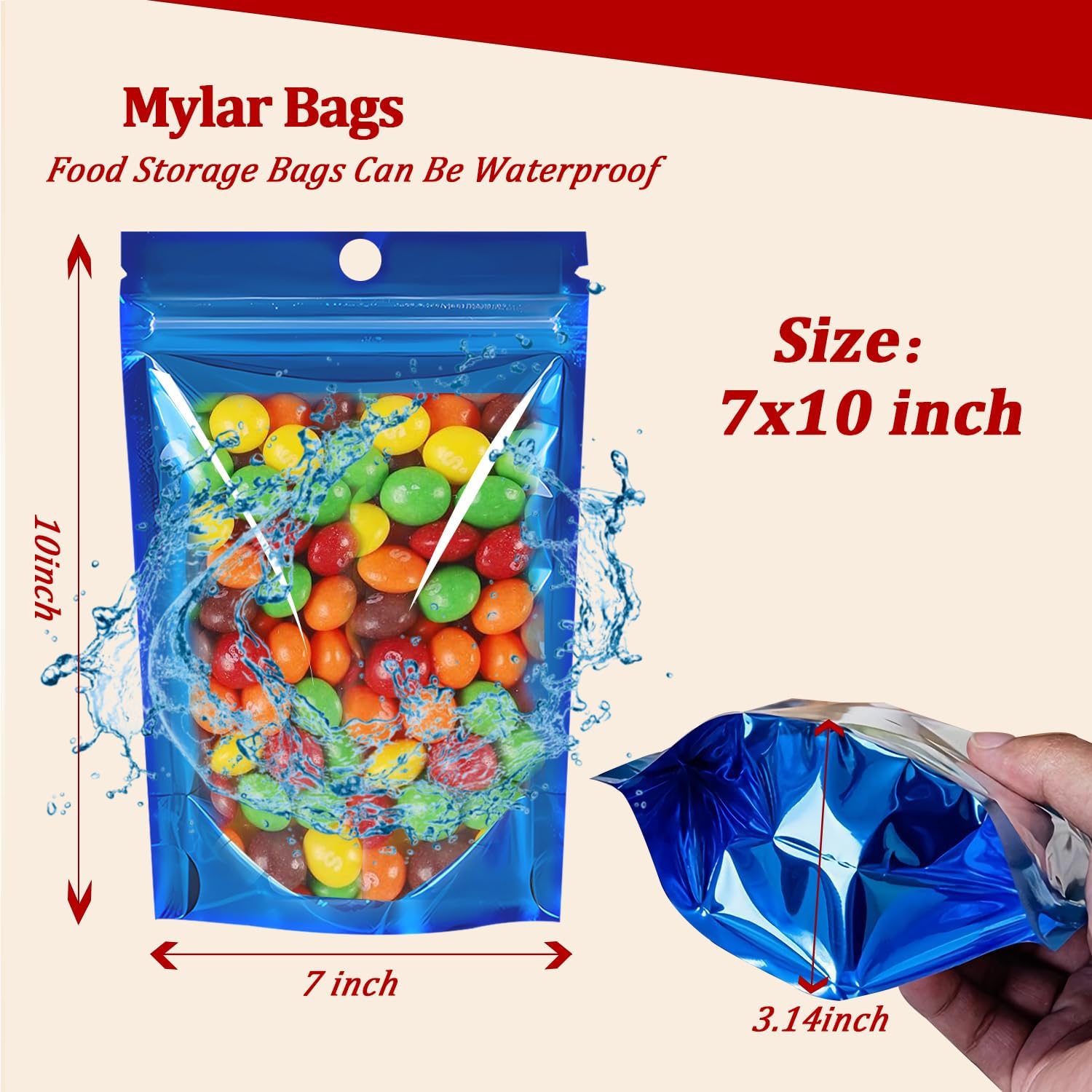100 PCS Smell Proof Mylar Bags, Resealable Packaging Sealable Bags Stand Up Aluminum Foil Pouch Bags with Clear Window for Food Storage, Jewelry,Cookie,Small Business Packaging (Blue, 7 x 10 Inch)