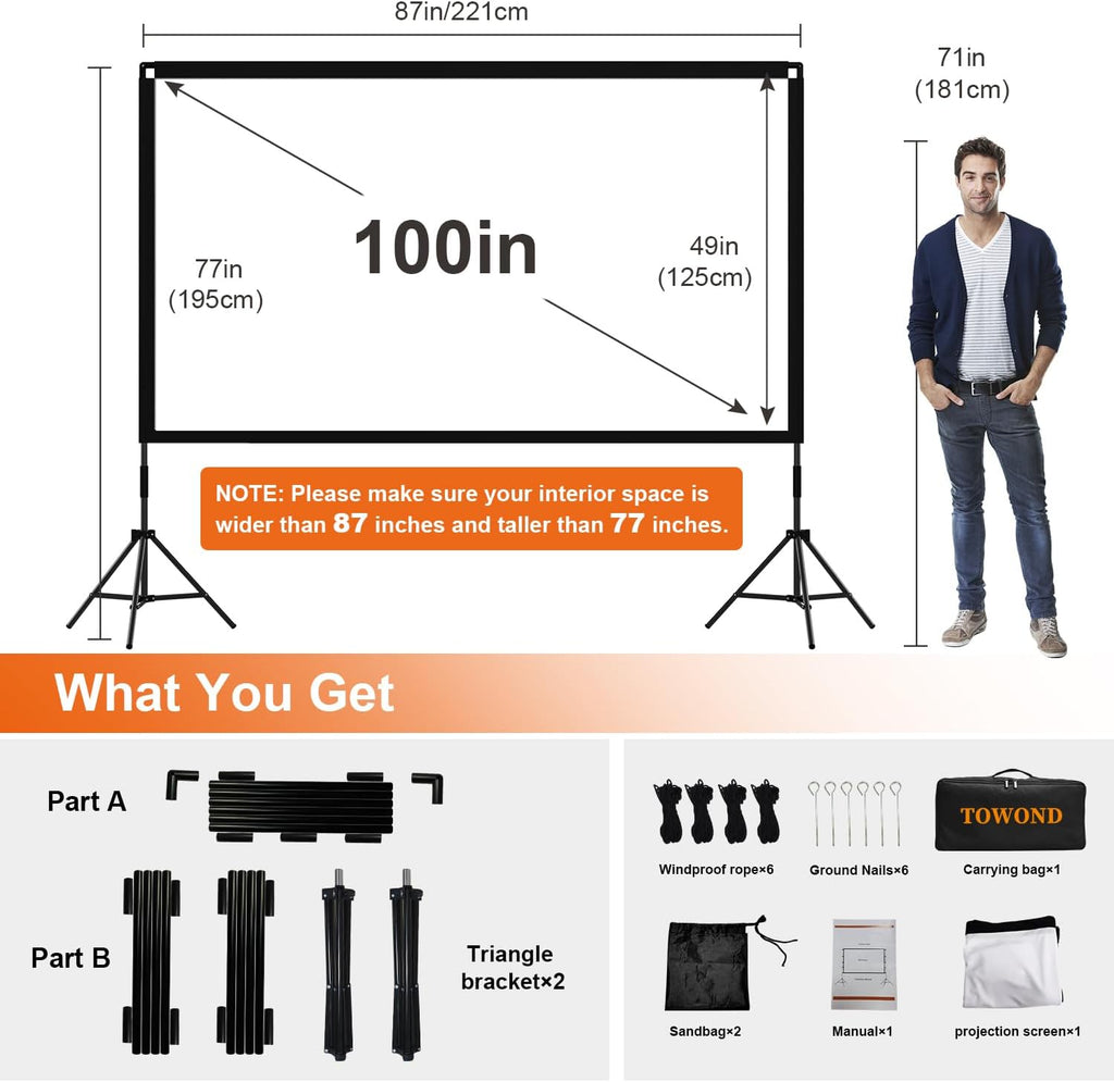 Projector Screen and Stand, Towond 100 inch Portable Movie Screen Indoor Outdoor 16:9 HD Front Rear Projection Screen with Carry Bag Wrinkle-Free and Foldable Polyester Fabric Design for Home Cinema