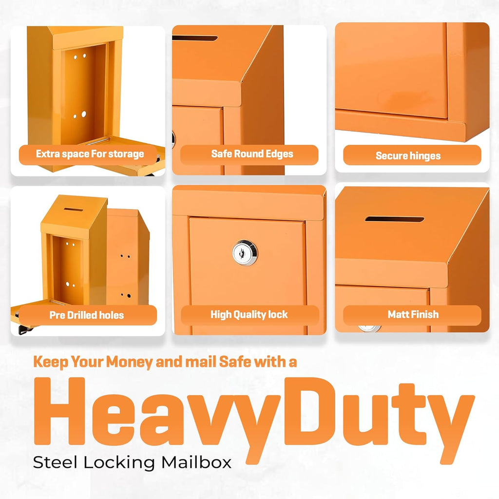 Metal Donation Box-Suggestion Box with Slot and lock-Cash Lock box for Money-Secure Drop Box-Comment and ballot voting box-comes with pre-drilled holes for easy wall mounting 10 X 6 X 2.5"(Orange)
