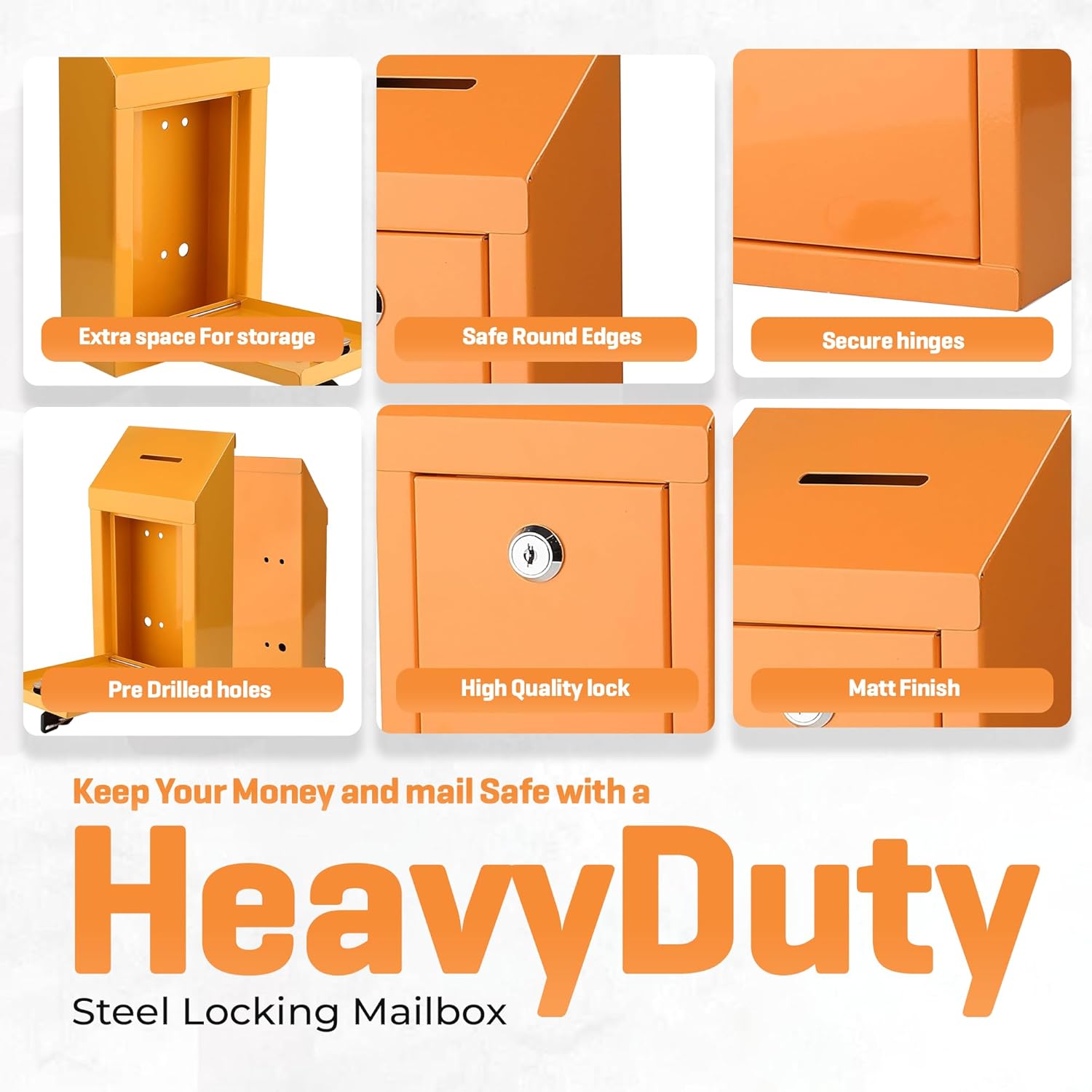 Metal Donation Box-Suggestion Box with Slot and lock-Cash Lock box for Money-Secure Drop Box-Comment and ballot voting box-comes with pre-drilled holes for easy wall mounting 10 X 6 X 2.5"(Orange)