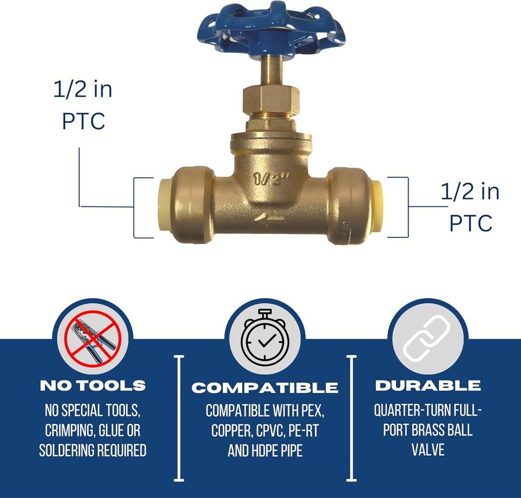 1/2 inch Push Fit Stop Valve with Drain and Vent, Push to Connect Brass Plumbing Fitting, Pex Pipe, Copper, CPVC, PE-RT, HDPE, (2-5-1=2), 2 Pieces