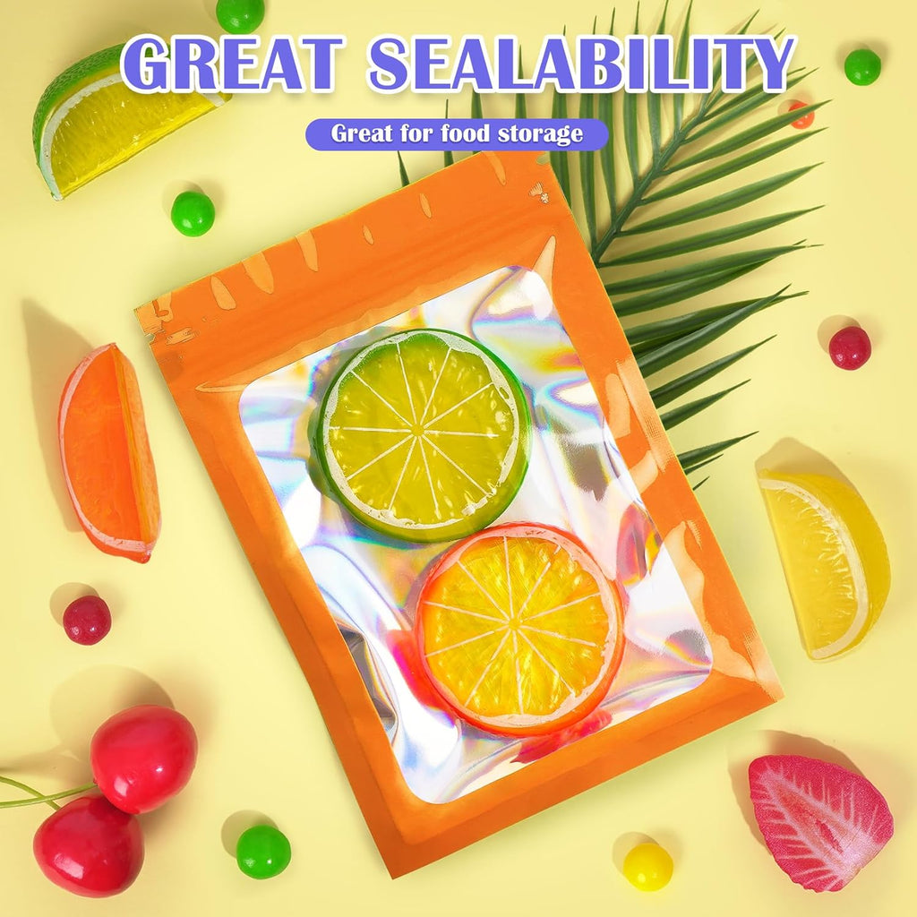 100 Pcs Mylar Bags, Smell Proof Bags Foil Pouch, Holographic Resealable Bags for Small Business, Candy Sample Jewelry Bag Sealable Packaging for Party Favor Food Storage (2.4x3.9in-Orange)