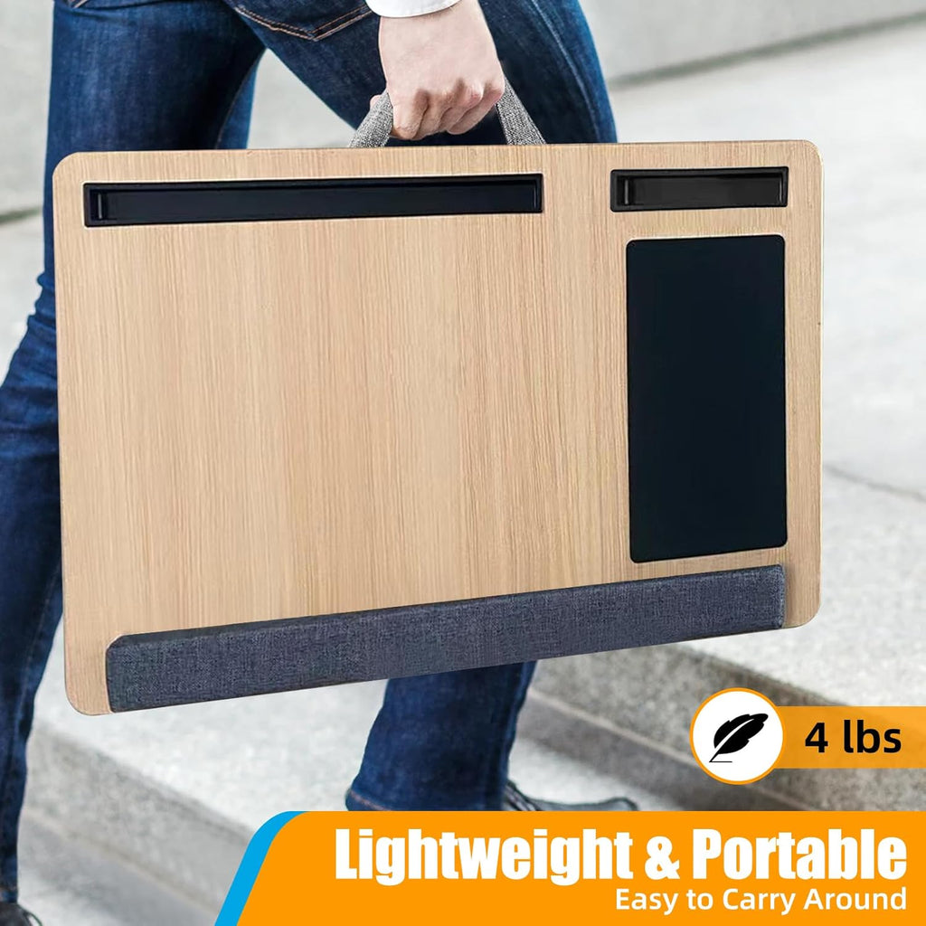 Natural Wood Laptop Tray for Lap - Portable Laps Desk for Lap with Cushion, Lightweight Laptop Lap Tray with Mouse Pad, Fits Laptops Up to 17 Inches, Built-in Mouse Pad, Tablet Phone Holder, Beige