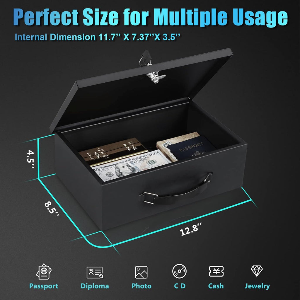 xydled Fire Resistant Safe Fire Safe Box with Key Lock for Home Office Security Storage for Valuables Documents,12.8 x 8.5 x 4.5 Inch,Black