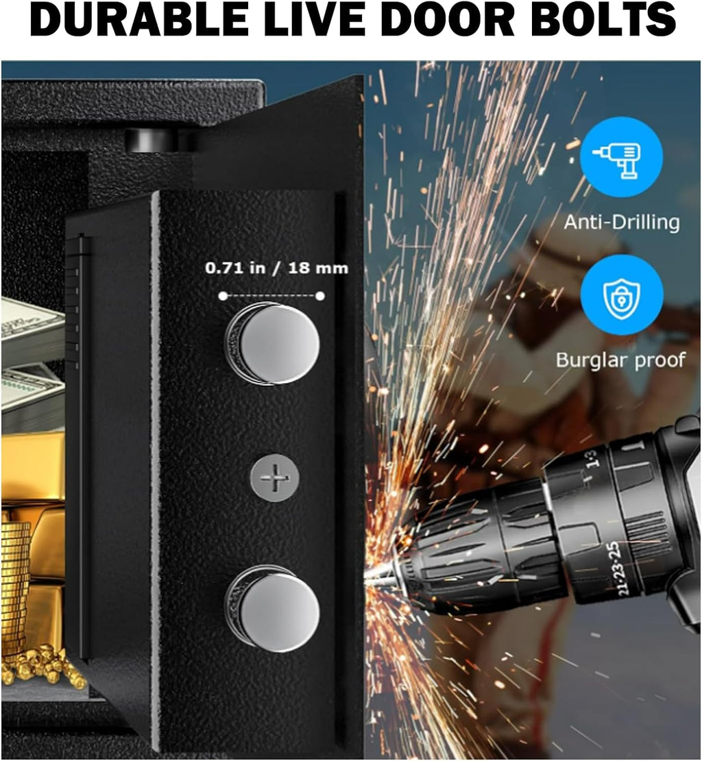 Small Mini Fire Safe Box for Home, 0.3 Cubic Feet Medication Lock Box, Security Money Safes with Digital Keypad, Spare Keys, Dorm Room Safe for Money, Jewelry, ID Documents