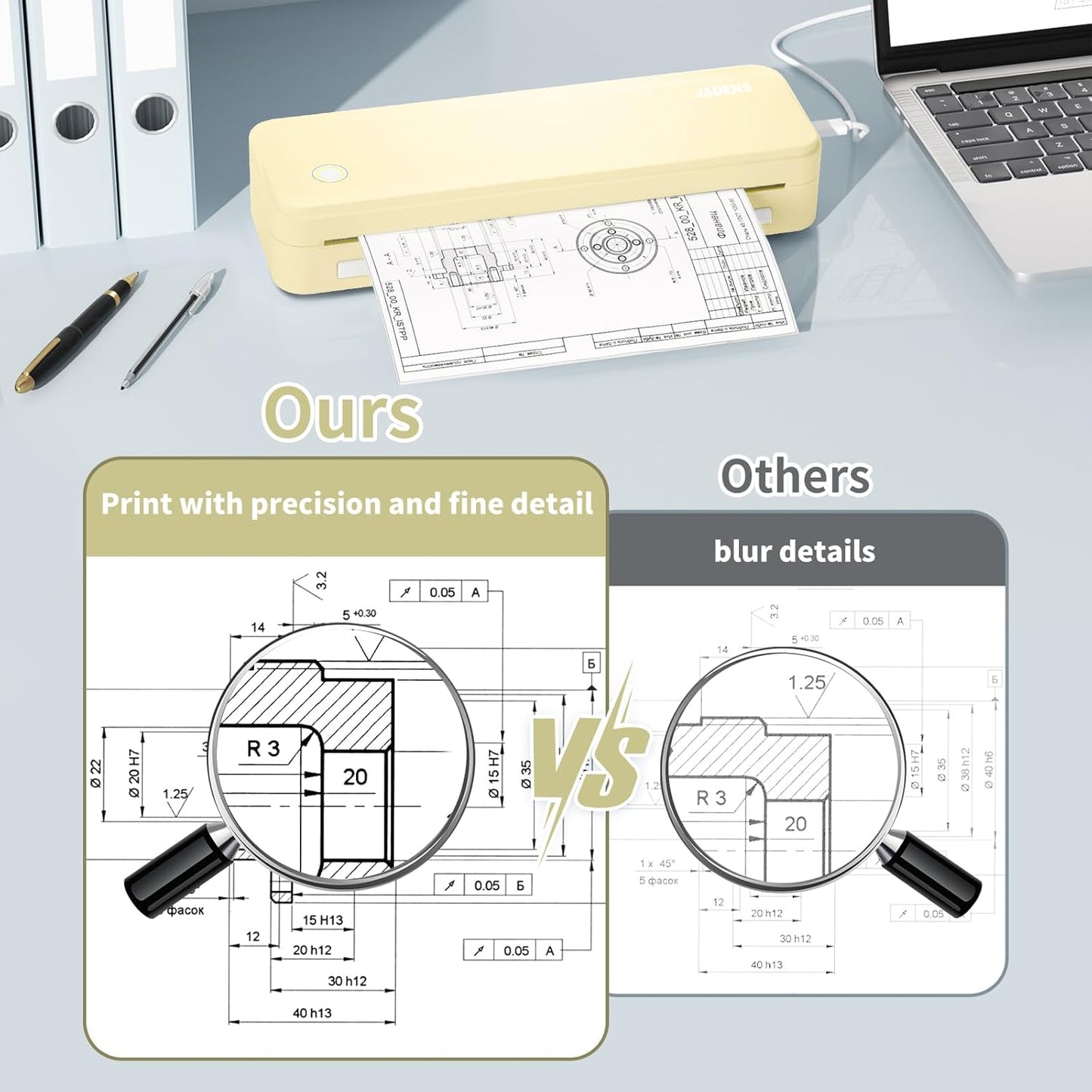 JADENS Portable Printers Wireless for Travel, Thermal Inkless Printer, Support 8.5" X 11" Thermal Paper(Yellow)