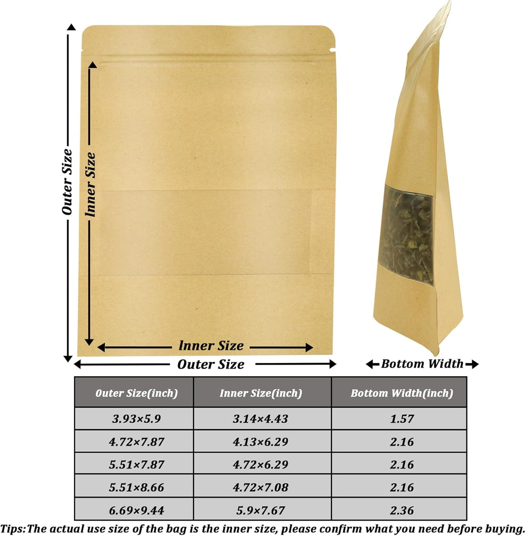 100 PCS Resealable Bags, Stand Up Kraft Paper Bags with Matte Window, Zipper Lock Food Storage Bags for Small Business and Home, 4.72 * 7.87 Inch Reusable Sealable Bags for Packaging