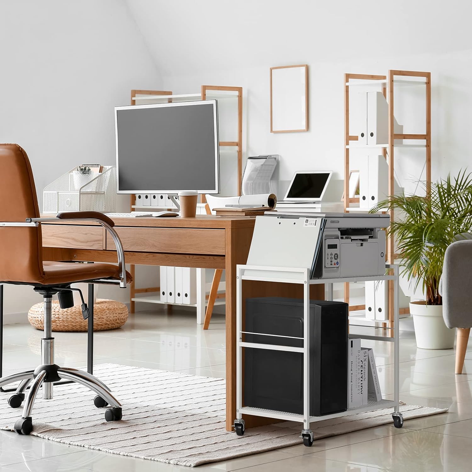 Computer Tower Stand, PC Tower Stand Metal Rolling Cart Holds up to 40lbs, 2 Tier Mobile Printer Stand with Storage Under Desk for Home & Office, White